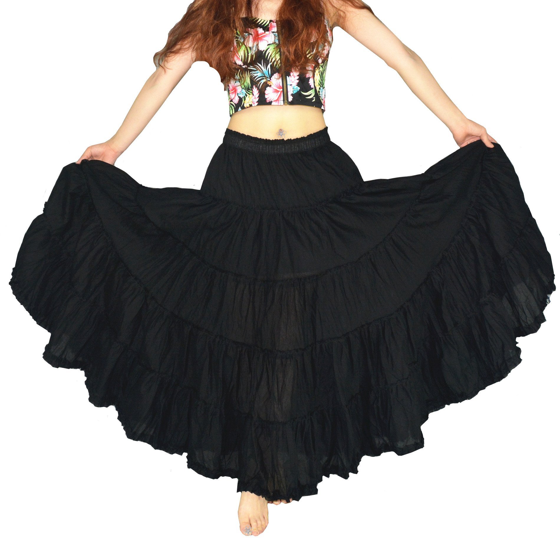 Women's Cotton 5 Tiered A Line Pleated Maxi Skirt Long Boho Gypsy Dance Skirts