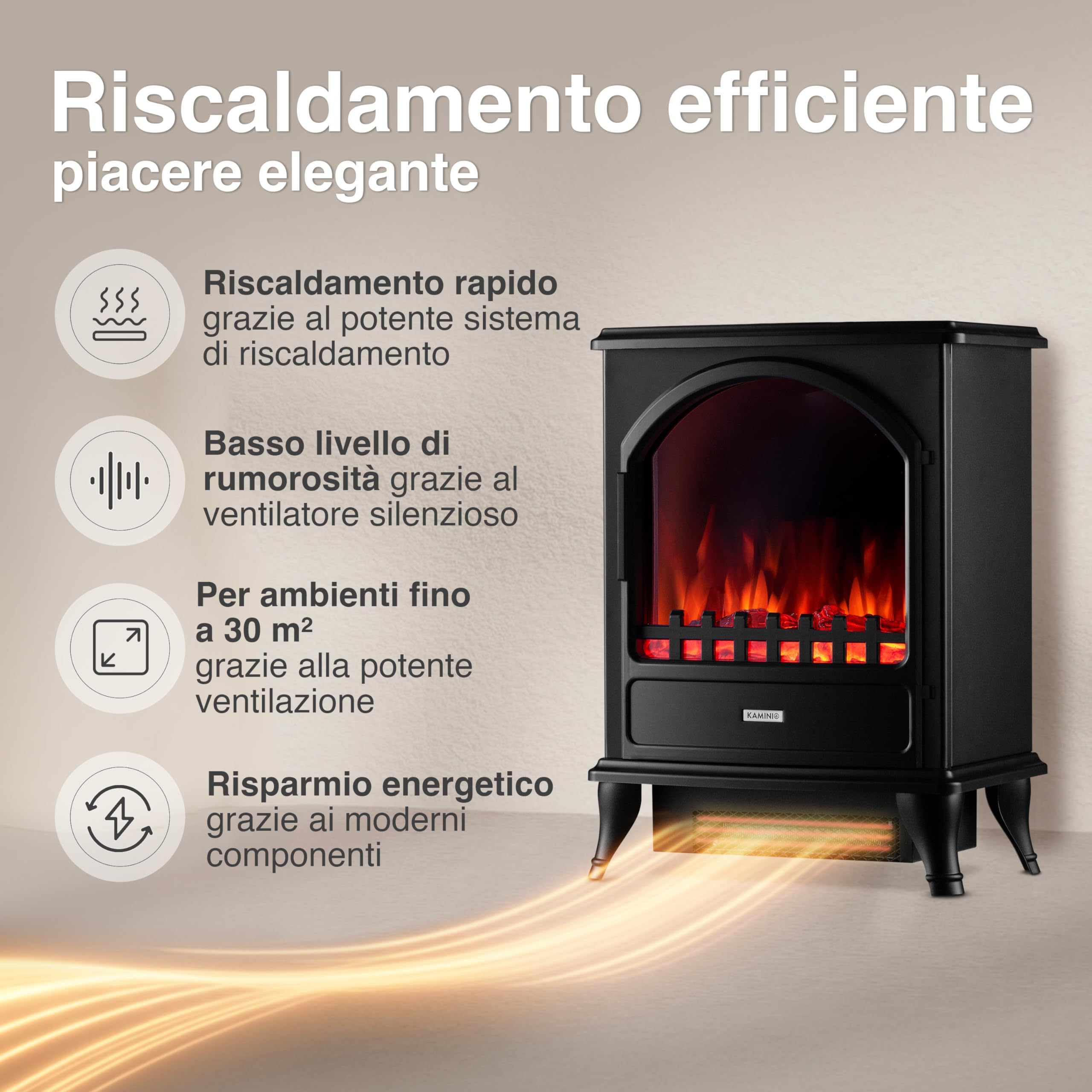 KAMINIO Camino elettrico Leni - Stufa elettrica con riscaldamento, effetto fiamma 3D (Nero)