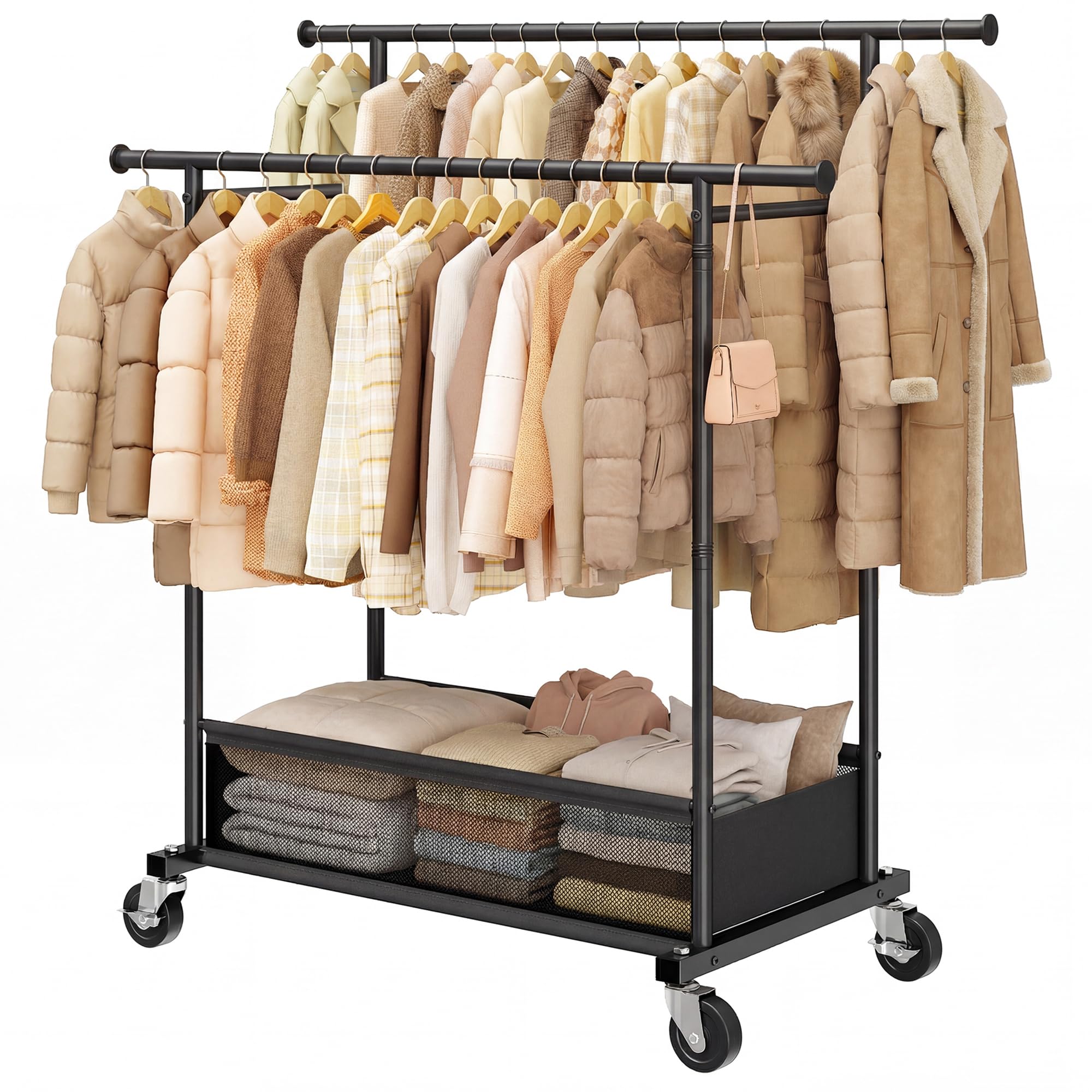 110cm Doppelter Kleiderständer auf Rollen, 110KG Traglast Stabil Kleiderständer mit 48L Wäschekorb, Kleiderstange für Mäntel, Jacken, Pullover, Kleider, Schlafzimmer, Mietwohnung, Schwarz