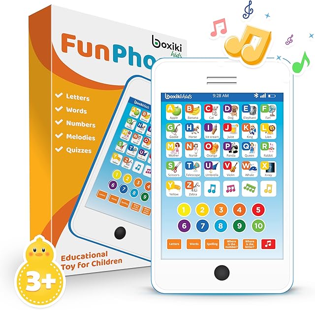 Boxiki Learning Pad Fun Phone with 6 Toddler Learning Games Kids. Touch and Learn Interactive Tablet for Learning Numbers, ABC and Spelling. Educational Toy for Children