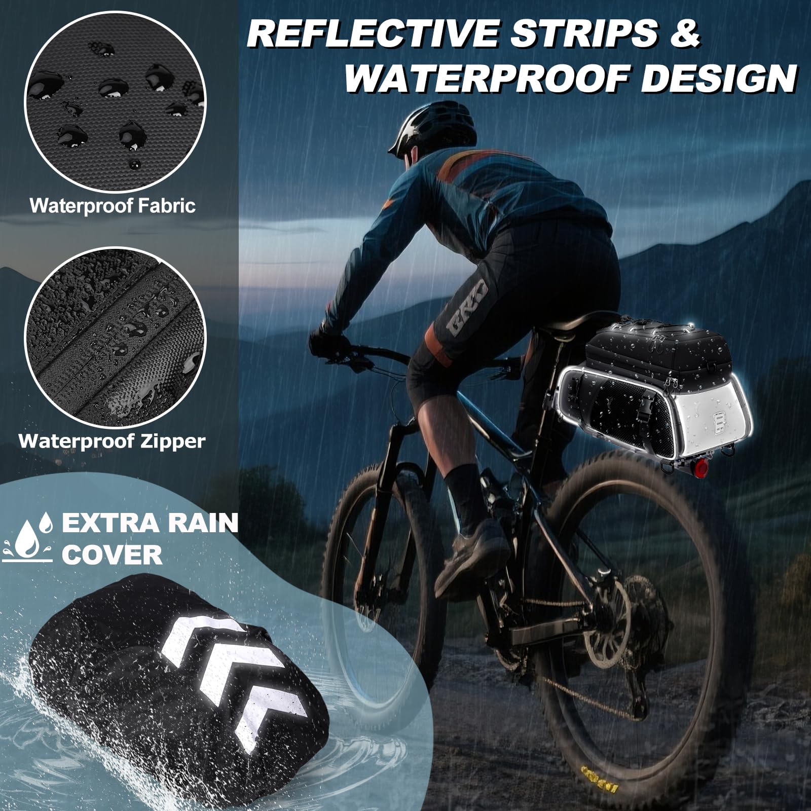 RAINSMORE 3 en 1 Alforjas Bicicleta 15L Bolsa Trasera con Cubierta de Lluvia y Bandolera, Impermeable y Reflectante, como Maleta Bicicleta,Bolso Bandolera