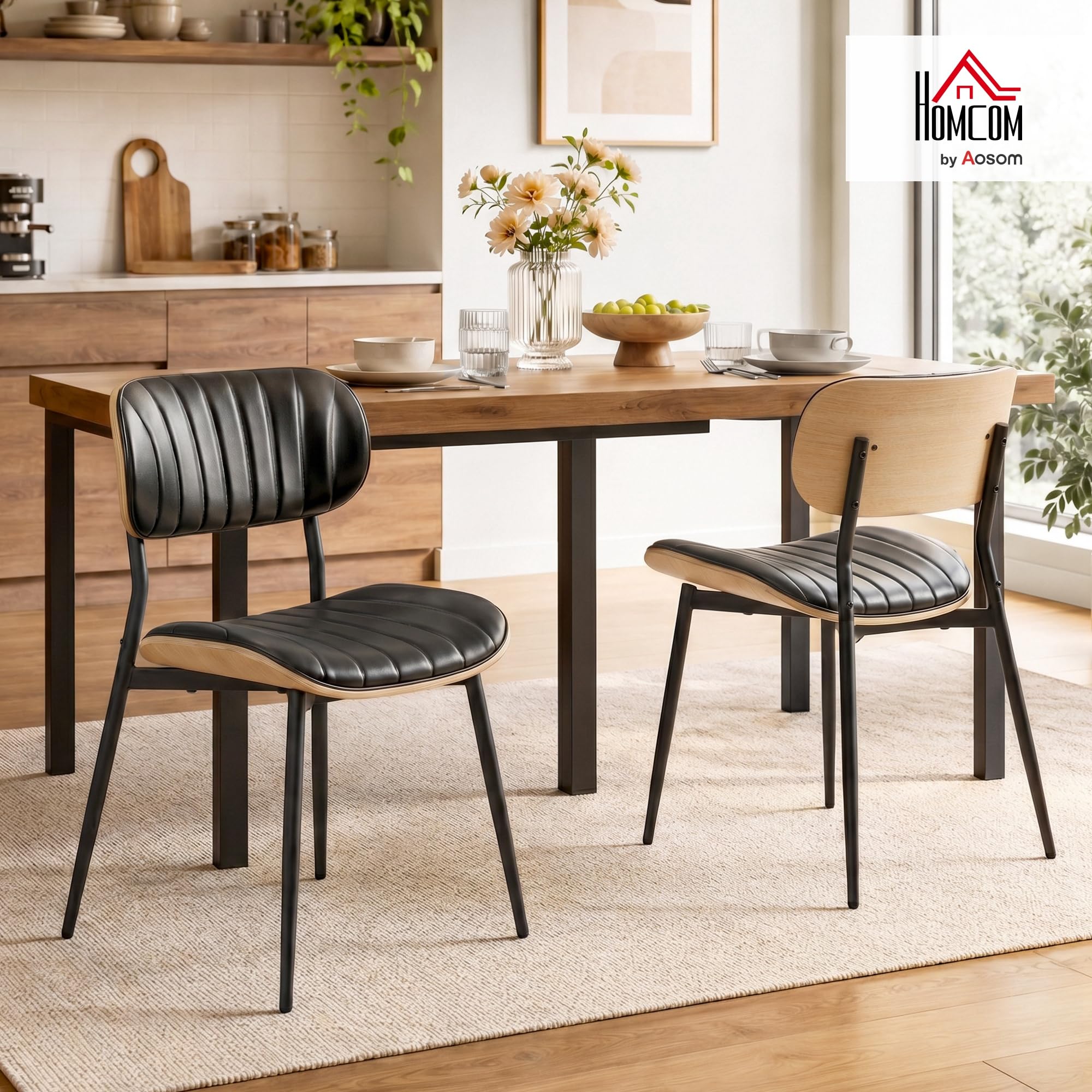 HOMCOM Lot de 2 Chaises de Salle à Manger Assise en PU Noir et Bois Naturel