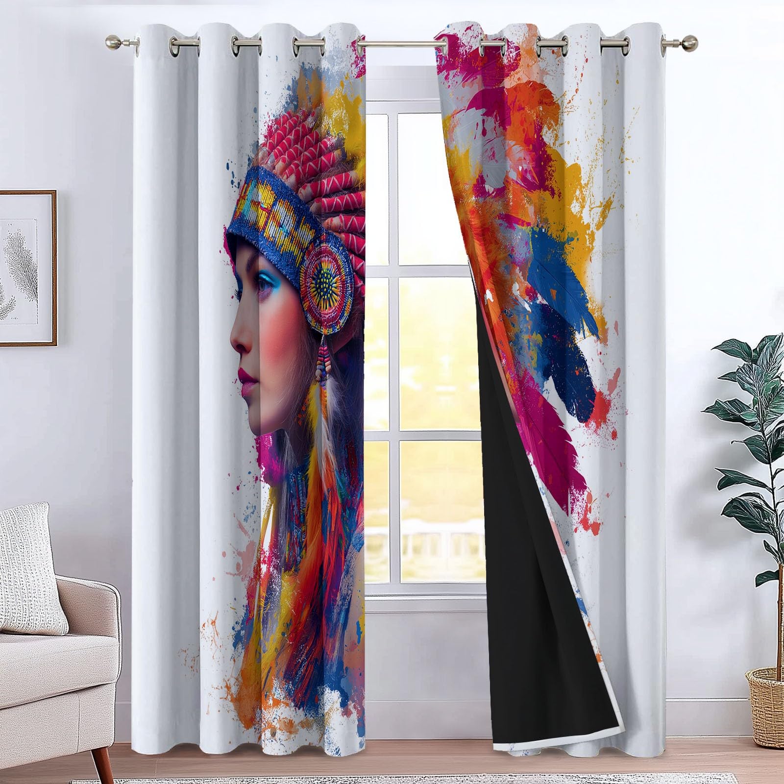 Generico Tende Interni Oscuranti Termiche Con Occhielli Boemia Set Di 2 - Tende Bella Donna Che Indossa Un Copricapo Di Piume Con Stampa Per Soggiorno Camera Da Letto, 140 X 260 Cm Multicolore