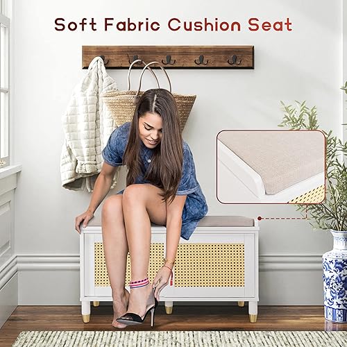 Miniatura 5 de Scurrty Banco de almacenamiento de zapatos con cojín, banco de zapatos de ratán con almacenamiento, banco de entrada con almacenamiento de zapatos,