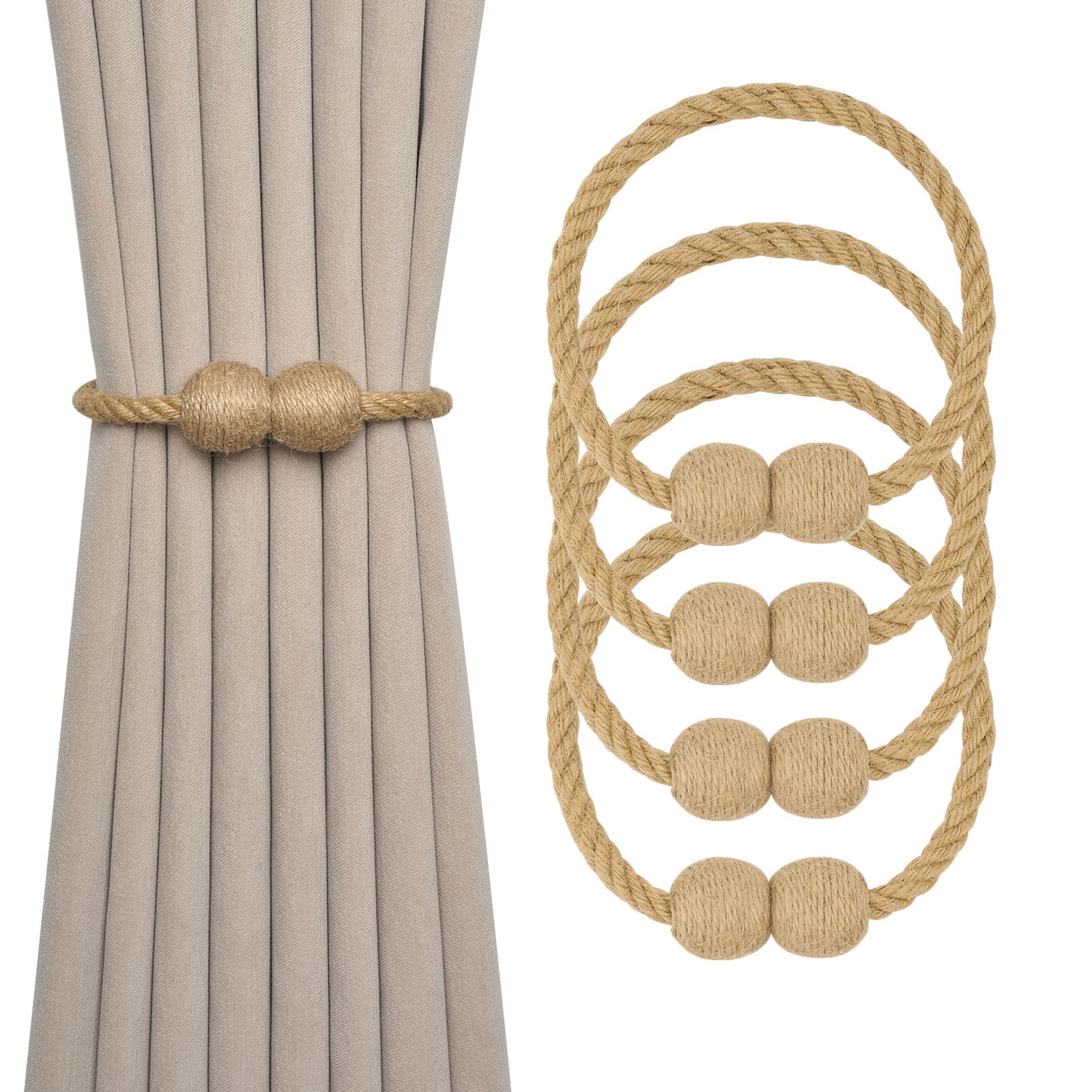 Pretty Jolly 4 Pack Natural Jute Rope Magnetic Curtain Tiebacks Farmhouse Rustic Style Decorative Drape Tie Backs Elegant Handmade Braided Curtain Holdbacks for Home & Office Drapery (Ball-A)