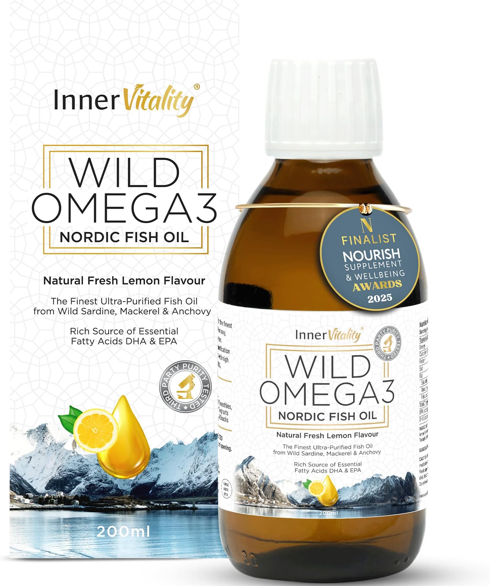 Omega 3 Fish Oil Liquid - Natural Fresh Lemon Flavour with NO Fishy Taste, High Strength DHA/EPA - 200ml Made from Wild Caught Nordic Fish Oil | 3rd Party Tested for Purity - Inner Vitality
