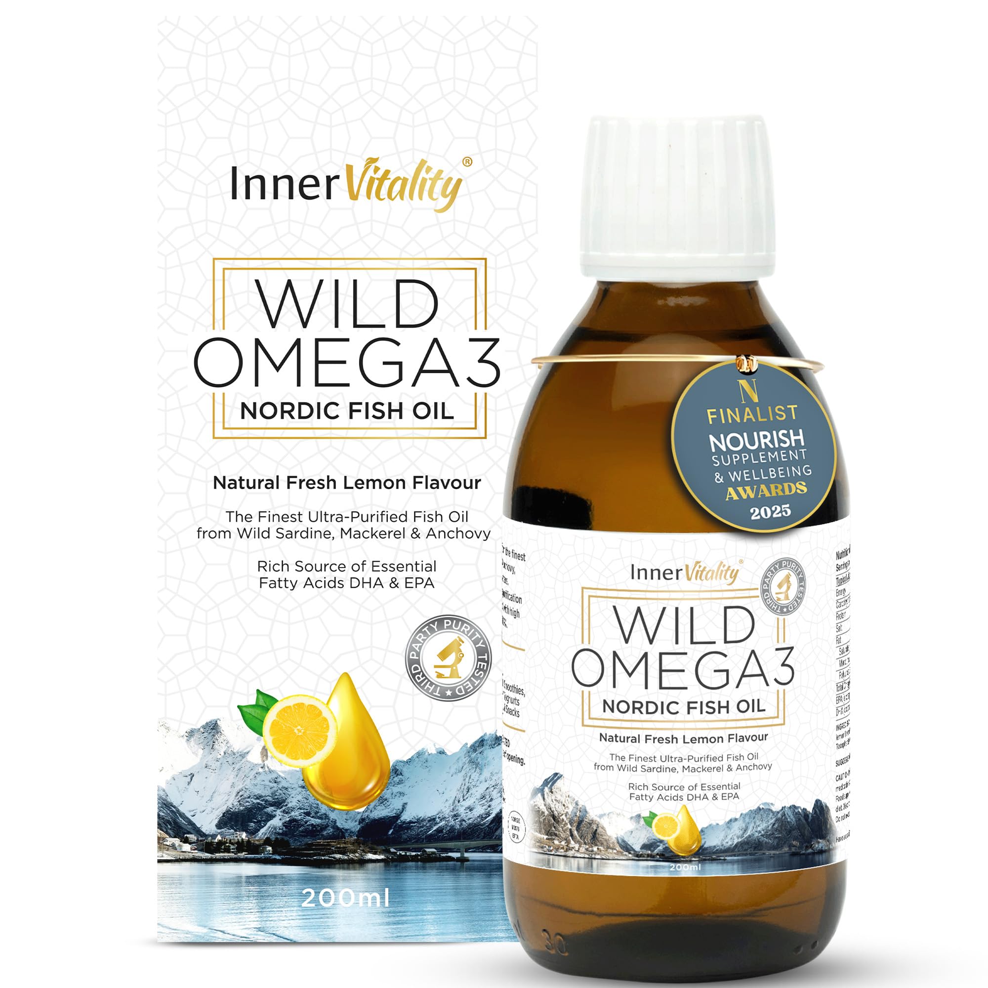 Inner VitalityOmega 3 Fish Oil Liquid - Natural Fresh Lemon Flavour with NO Fishy Taste, High Strength DHA/EPA - Made from Wild Caught Nordic Fish Oil | 3rd Party d for Purity -
