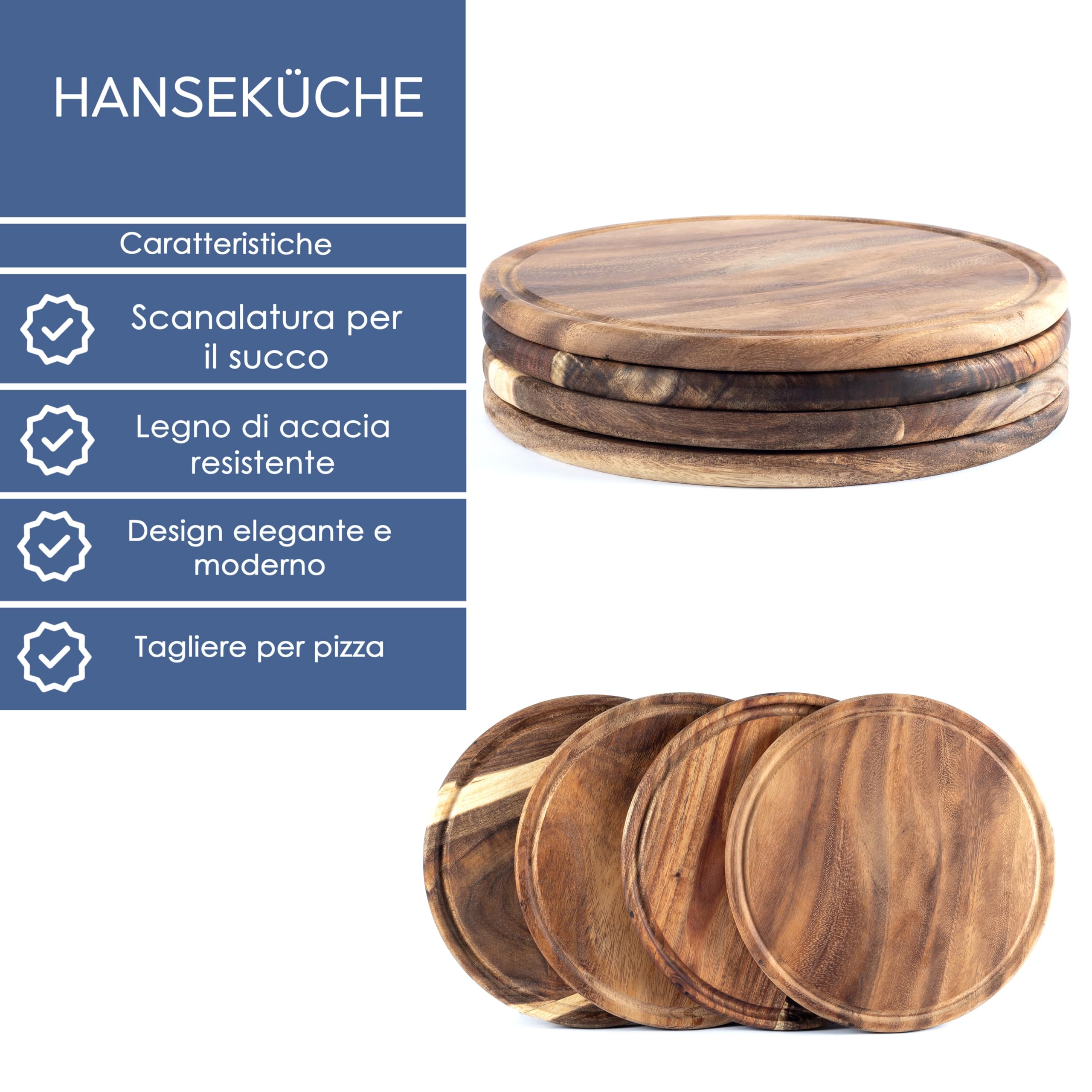 Hanseküche Tagliere per carne in legno di acacia, Ø 25 cm – Set da 4 piatti rotondi in legno – Ideale come tagliere per il pranzo, tagliere per pane, tagliere per servire e tagliere da cucina