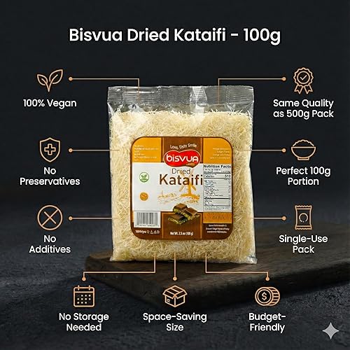 Miniatura 4 de BISVUA Kataifi secado prémium de 3.5 onzas (3.53 oz) - Masa crujiente de fillo triturada para kunafa casera, Knafeh con crema de pistacho y barra de
