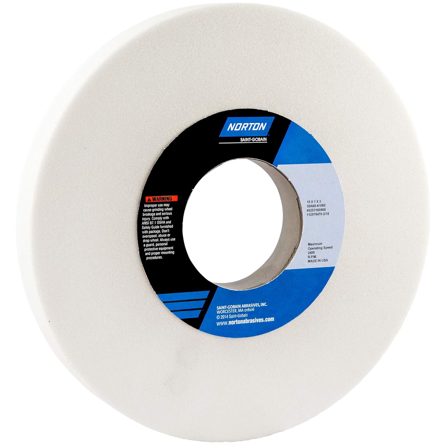 Norton 10" Dia. 1" Thick 3" Hole Size 60 Grit 38A Aluminum Oxide K Hardness Type 1 Surface Grinding Wheel