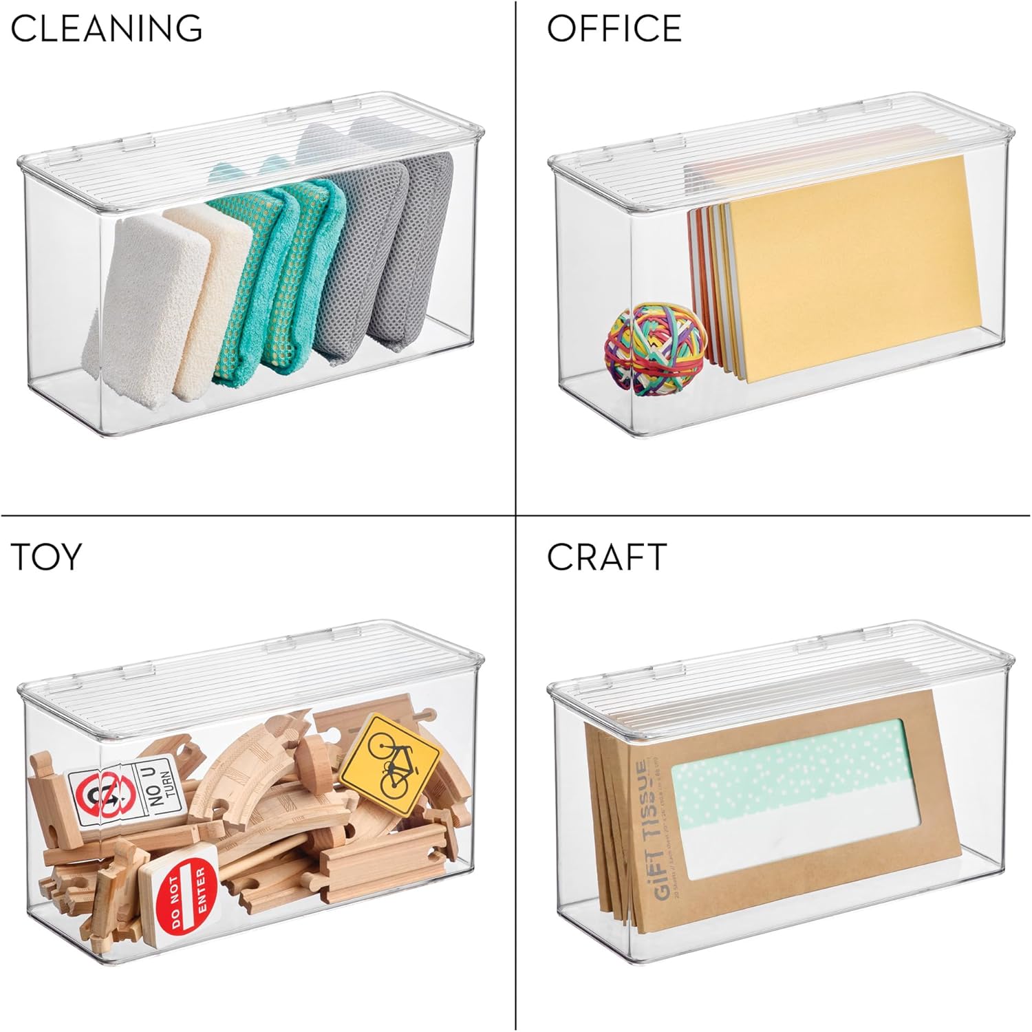 iDesign Plastic Stackable Hinged-Lid Pantry or Kitchen Storage Box - Set of 4 - Clear