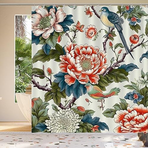 Miniatura 4 de Cortina de ducha impermeable con ganchos de pájaro en árbol de peonía, cortina de baño coral 72 x 80 pulgadas, peonía roja, flor de animal, pájaro,