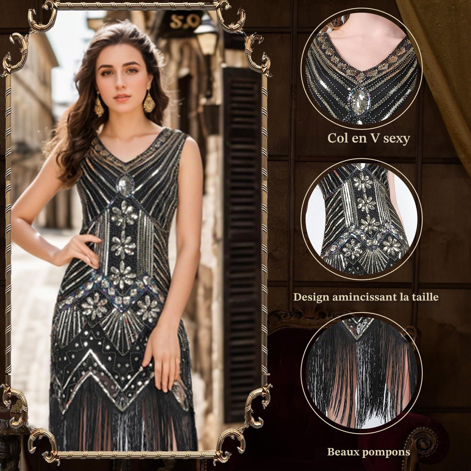 FEPITO Robe garçonne des années 1920 pour femme, robe Gatsby le Magnifique à franges avec accessoires des années 20, costumes des années folles