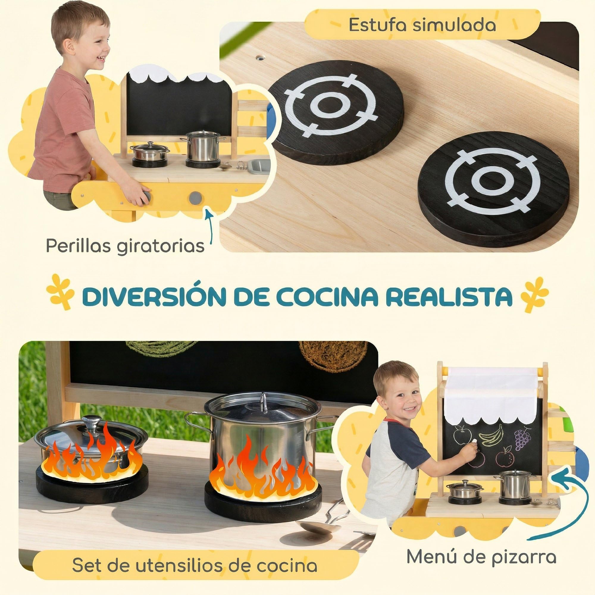 AIYAPLAY Cocina de Juguete Exterior con Ruedas, Cocinita Infantil de Madera con Agua Real, Fregadero, Estufas, Estantes, Macetas, Pizarra y 15 Accesorios, 84,2x34,4x90 cm, Amarillo