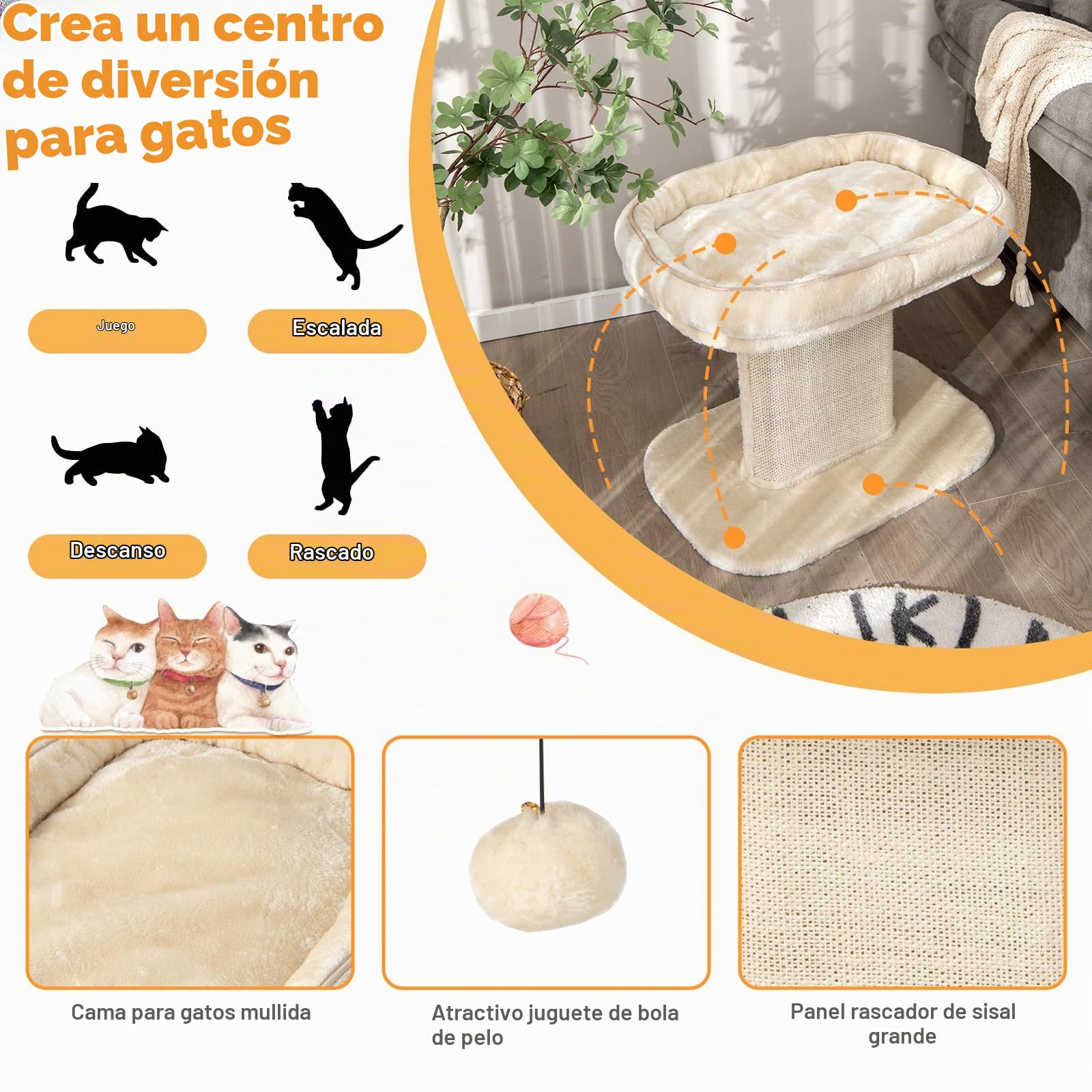 GOPLUS Árbol Rascador Pequeño para Gatos de Altura 50 CM con Poste Rascador de Sisal, Torre de Actividades de Carga 20 KG con Soporte de Peluche y Juguete de Bola Colgante, 59×40×50 CM, Beige