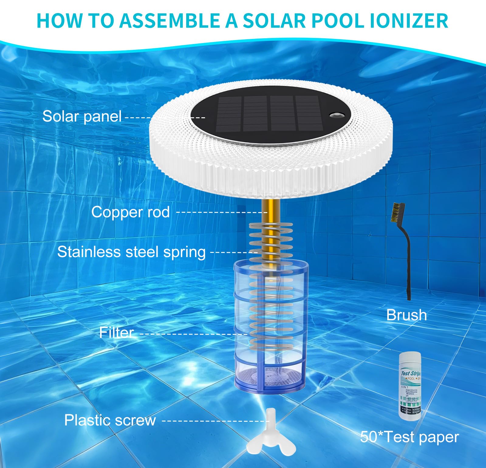 Ioniseur Solaire de Piscine Flottant en Cuivre avec Veilleuse LED Multicolore pour Marche/Arrêt Automatique, Accessoire de Piscine Réduit Le Chlore et Les Irritations de la Peau pour l'eau Douce