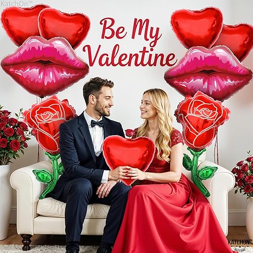 Miniatura 3 de KatchOn, Juego de globos de rosa roja, corazón y labios, grandes de 37 pulgadas, globos de rosa roja, globos de labios rojos, globos de corazón para