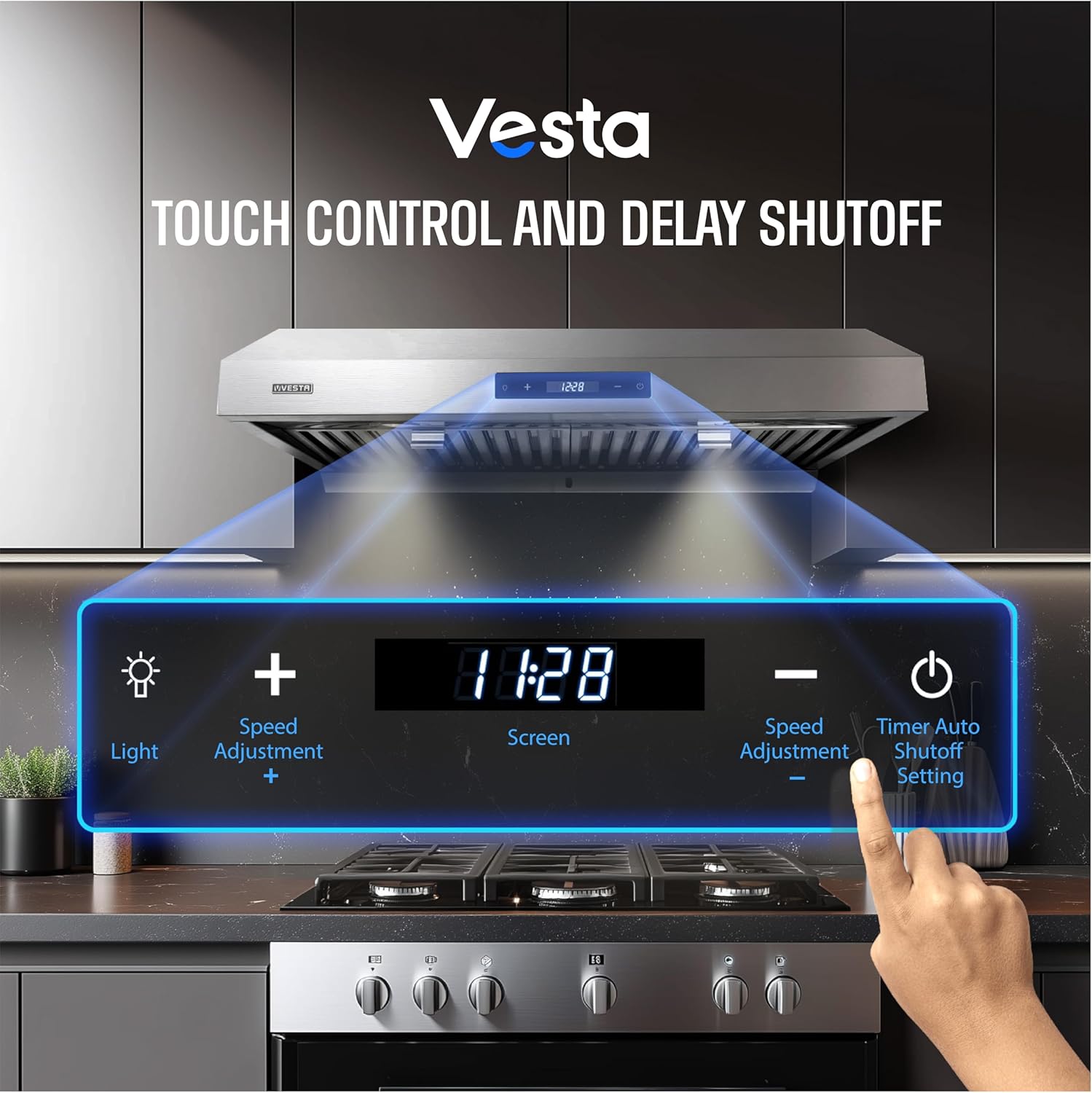 Close-up of the Vesta Atlanta range hood touch control panel with light, speed adjustment, screen, and timer buttons