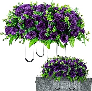 Artificial Cemetery Flowers Saddle for Headstone, Memorial Grave Flowers for Cemetery Outdoor Gravesite Tombstone Headstone Decorations (Purple)