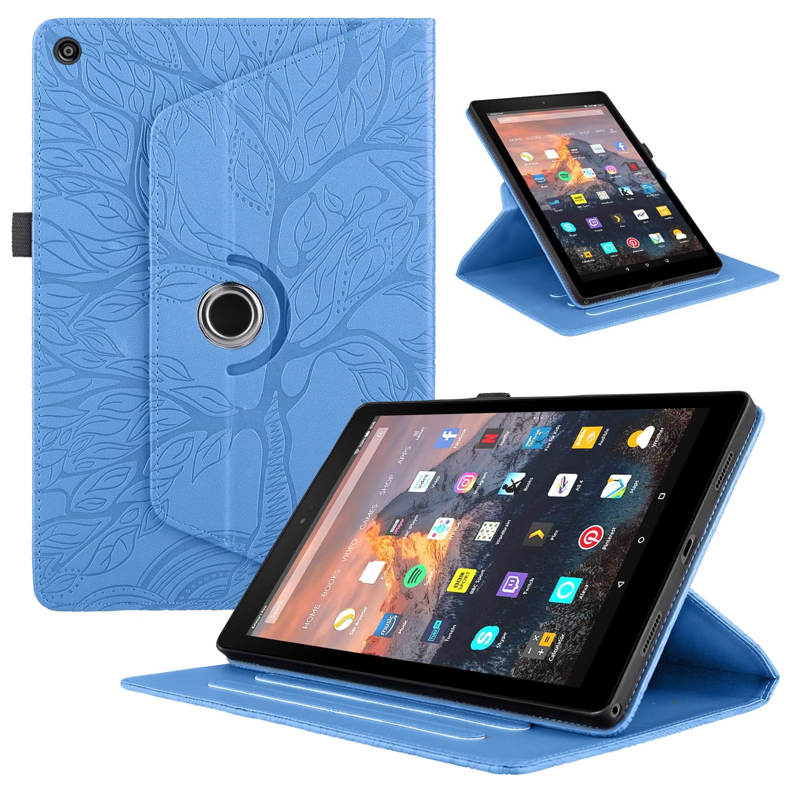 Kompatybilny z etui Kindle Fire HD 8 (7./8. generacji, wydanie 2016/2017/2018) na tablet obracany o 360 stopni stojak składany pokrowiec drzewo życia tłoczona powłoka(Blu)