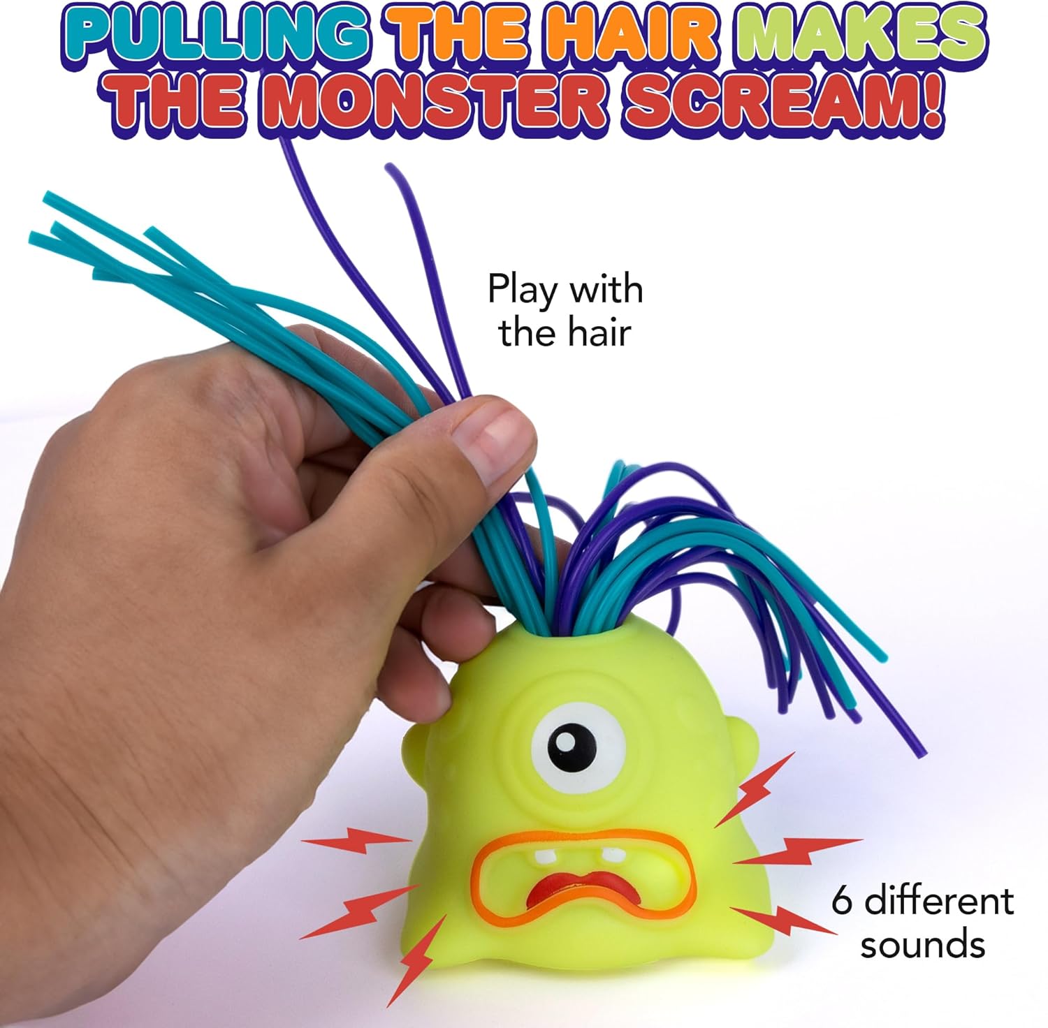 Hair Pulling Screaming Monster Fidget Toys - Set of 6 - Halloween Monster Sensory Toys for Kids in Unique Colors and with 6 Different Sounds Each - Autism Sensory Toys for Kids Ages 3 4 5 6 7 8 9 10+