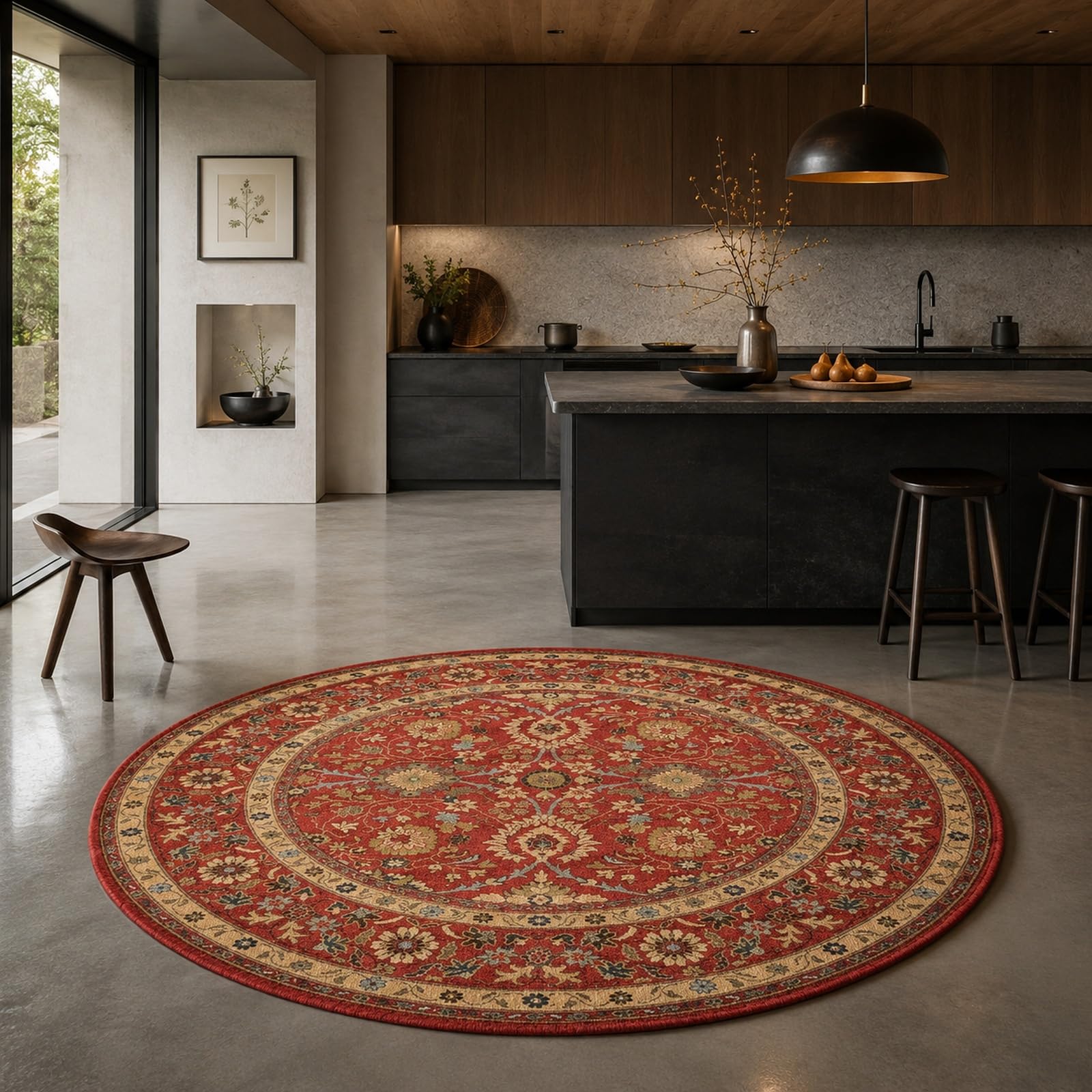 Tapis rond de cuisine et entrée au style vintage floral rouge 80 cm
