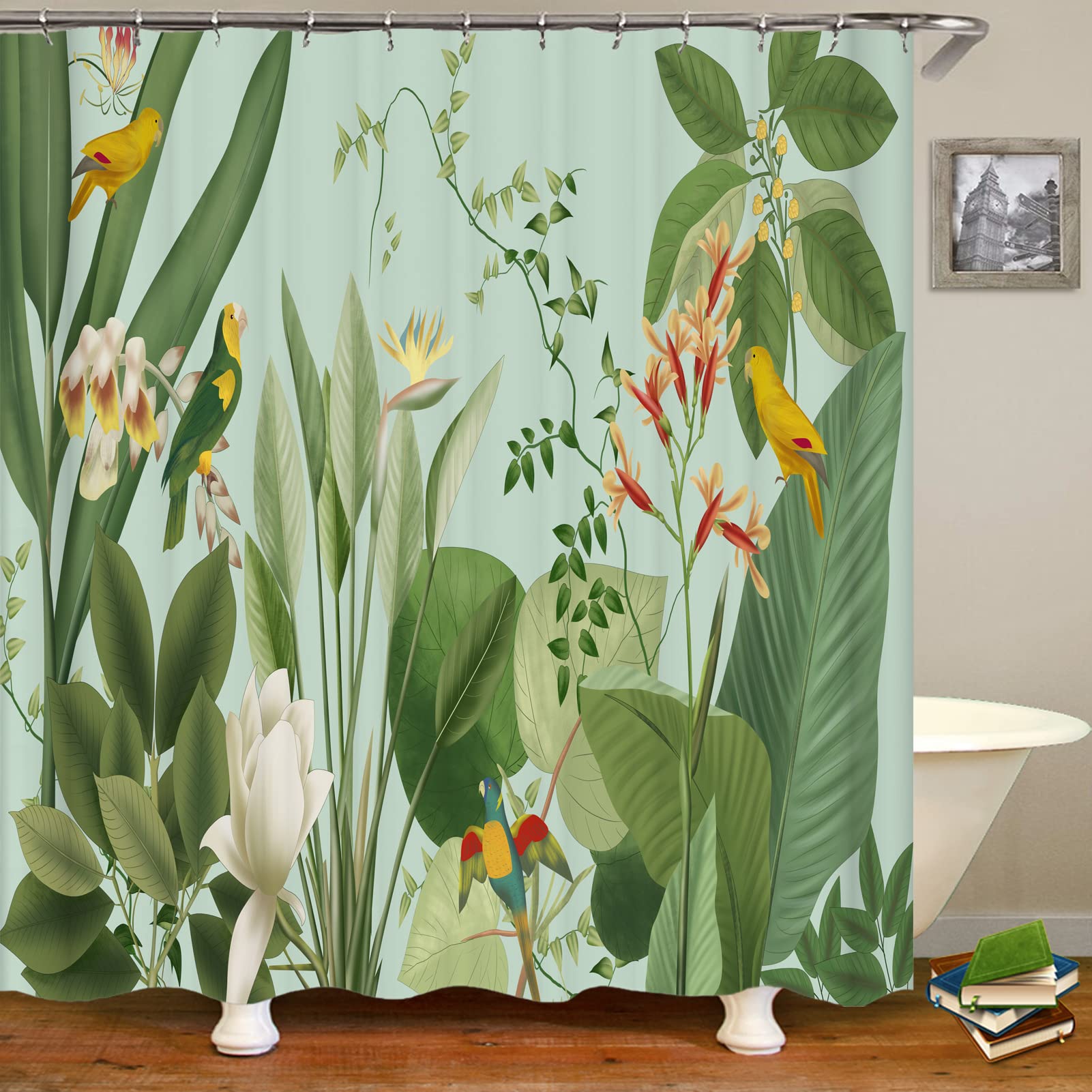 Wajade Tropical Plants & Birds Shower Curtains 180 x 180 cm Green Plants Bath Curtains Mould and Mildew Resistant Polyester Fabric Bathtub Curtains with 12 Hooks