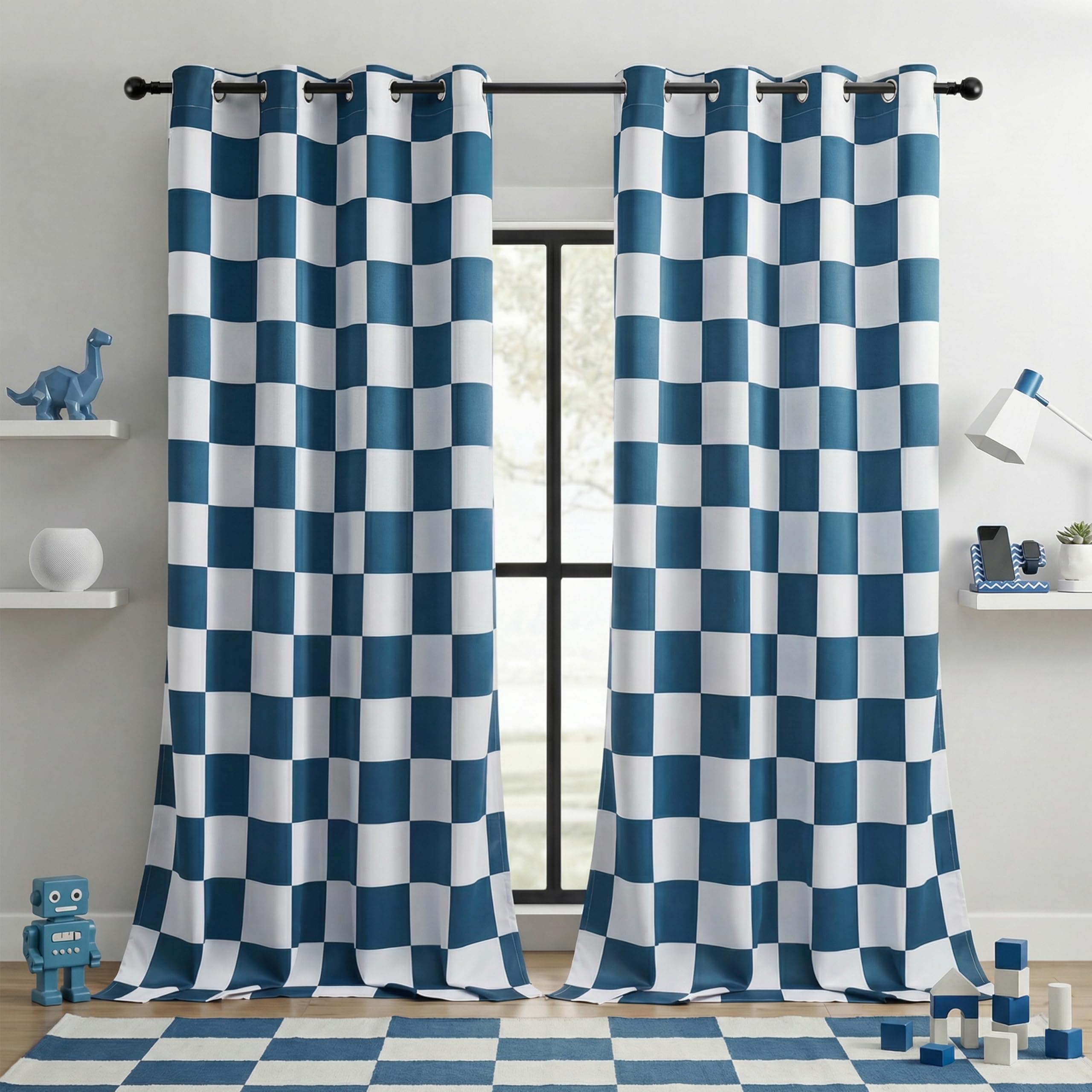 BOHOMOCASA 100% Blackout Checkered Curtains – 2 Panels, Each W52×L96, Thermal Insulated, Nosie Reducing for Bedroom, Modern Ocean Blue and White Checkerboard Design