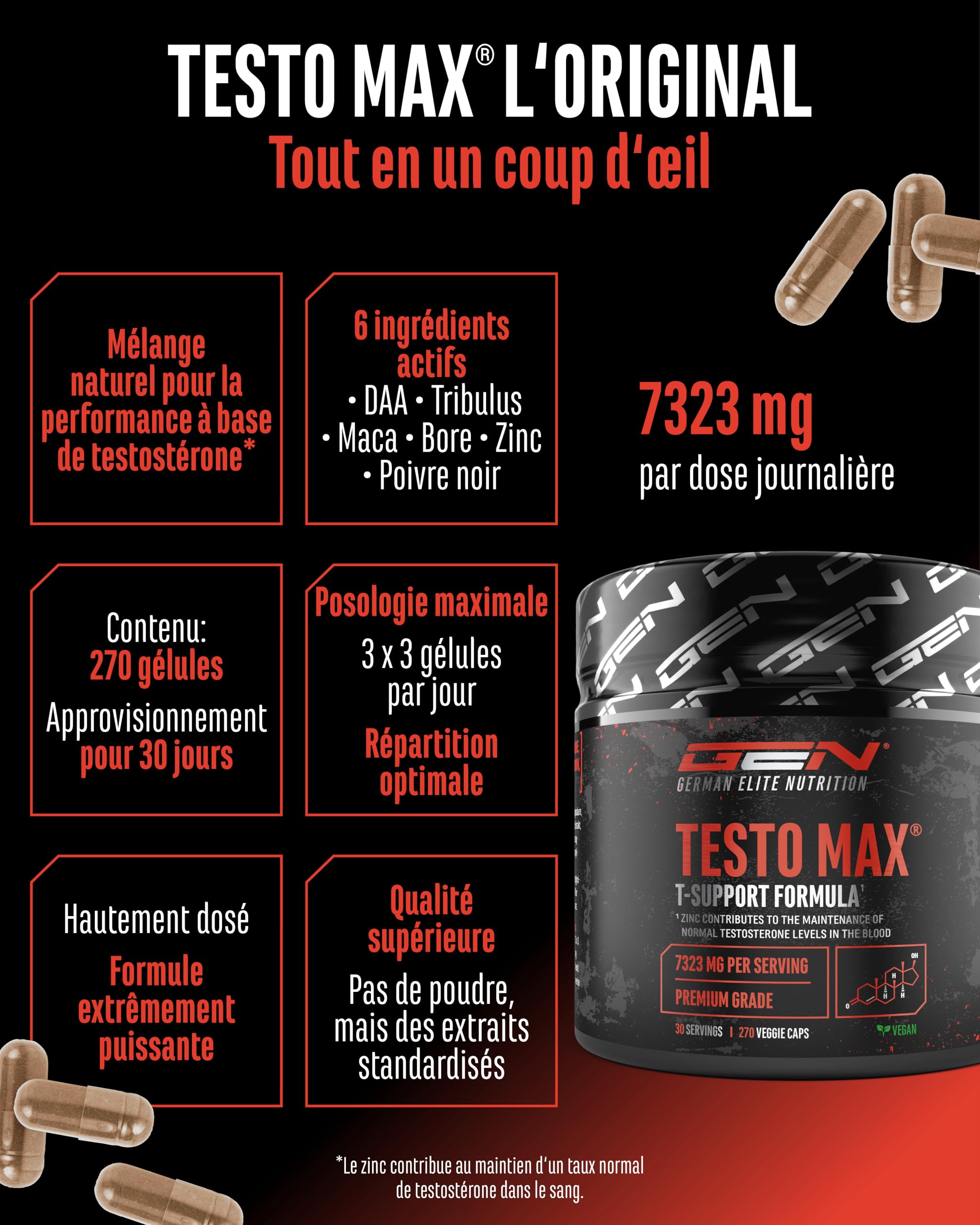 Testo MAX® - 270 Gélules - Extra Forte Dose avec 7323 mg par Dose Journalière - avec Acide D-Aspartique - Tribulus - Extrait de Maca - Bore - Zinc - Acides Aminés - Végan | Avec acide D-asparaginique, tribulus et maca, 7323 mg par dose journalière, avec b