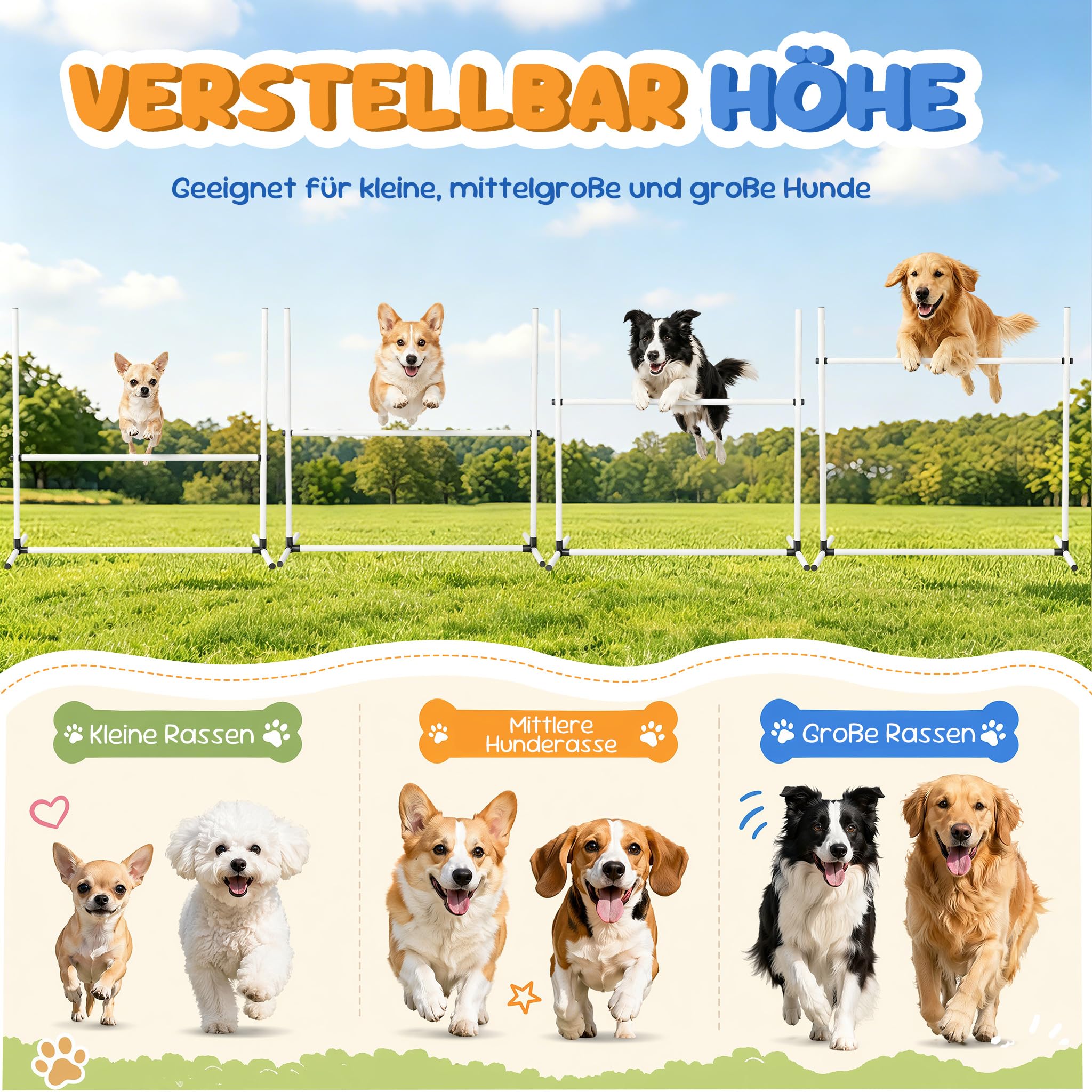 XMTECH 4-TLG. Hunde Agility Set Training Hundesport, Höhenverstellbar, Inklusive Tasche, PVC Hundetrainingsset, Weiß