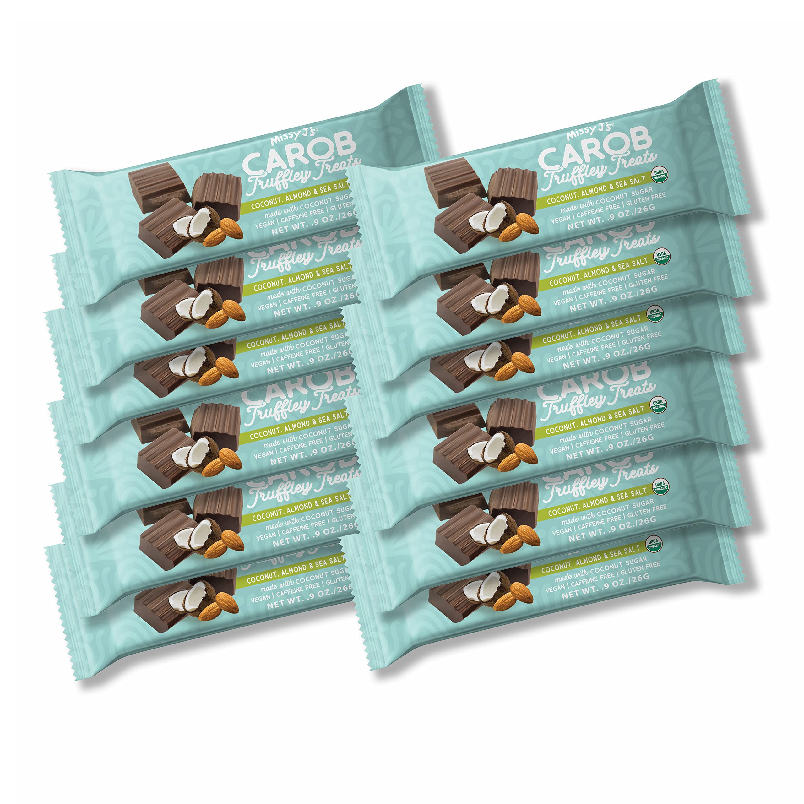 Missy J's Organic Carob Coconut, Almond and Sea Salt Truffley Treats 12 Pack, Vegan Gluten and Caffeine free, Healthy Substitute for Chocolate, Perfect for Snacks and TreatsUSDA Organic