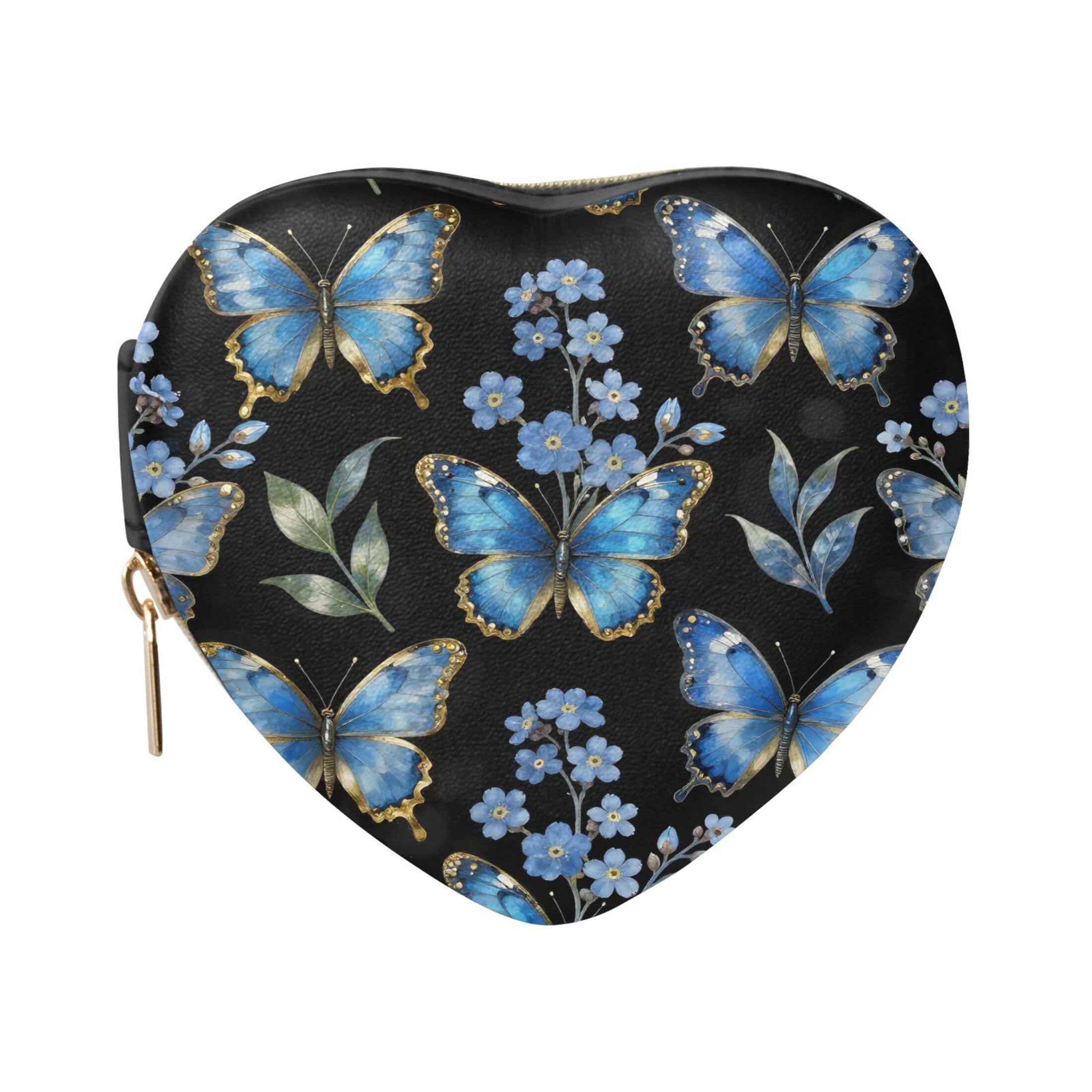 Fuauuyl Blue Butterflies Floral Small Jewelry Box Heart-Shaped Jewelry Case, Portable Travel Organizer Bridesmaid Proposal Gift for Women Girls