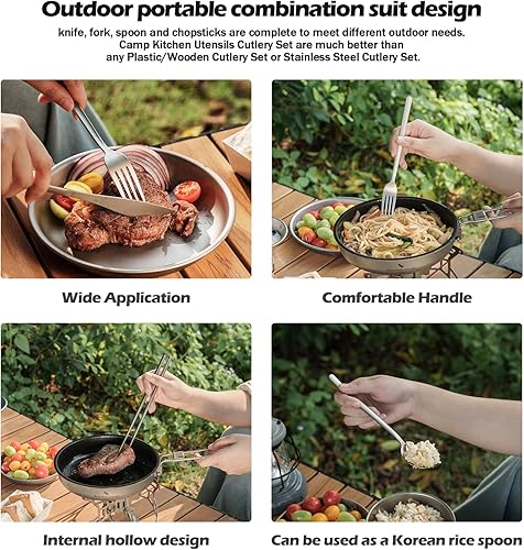 Miniatura 5 de Boundless Voyage Juego de cubiertos de titanio portátil para acampar, palillos, cuchillo, tenedor, cuchara, juego para viajes en casa (juego de 4