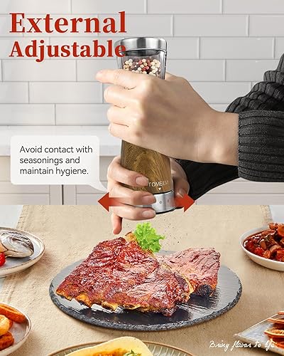 Miniatura 6 de Juego de molinillo eléctrico de sal y pimienta, gran capacidad de 4.5 onzas, diseño de acero inoxidable y madera con grosor ajustable y luz LED,