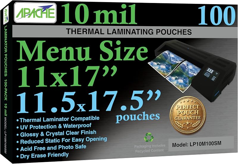 Apache 100 Pack Laminating Sheets, Holds 11 x 17 Inch Sheet | 10 Mil Clear Thermal Laminating Pouches 11.5 x 17.5 Inch Lamination Sheet Paper for Laminator, Round Corner