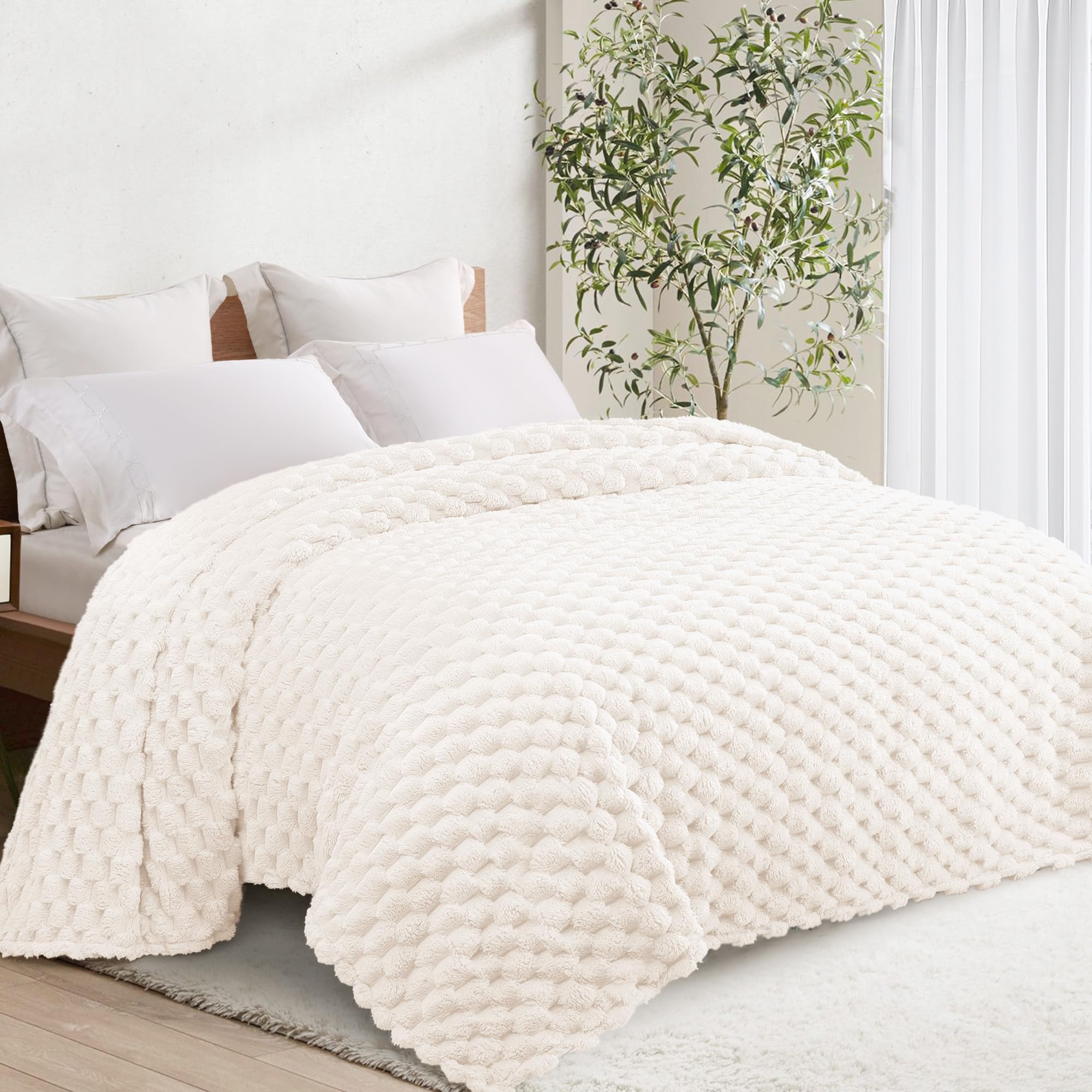 Whale Flotilla King Size Blanket for Bed with Expanded 3D-Jacquard Pattern, 230X264 CM Fuzzy Soft Cozy Exquisite Blankets or All Season, Warm and Fluffy, Ivory