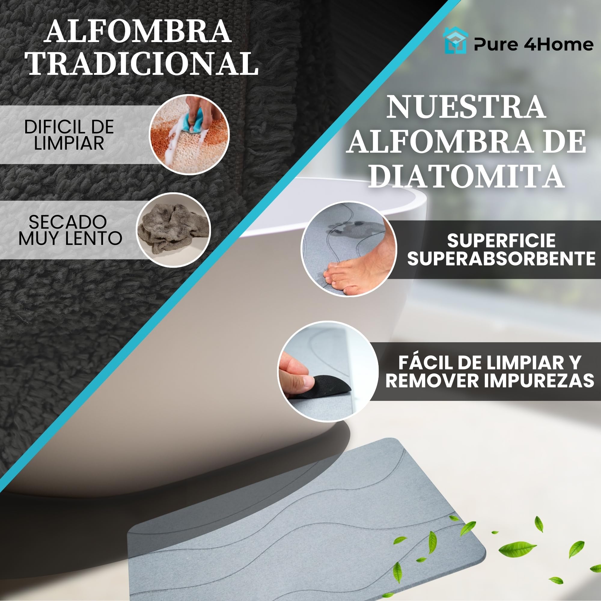Pure 4Home Alfombra Diatomita Baño 60x40 – Secado Rápido, Antideslizante y Antibacteriana – Alfombrilla Piedra Diatomita Super Absorbente – Alfombrilla Diatomita - Stone Bath Mat (Grey Waves) — view 4