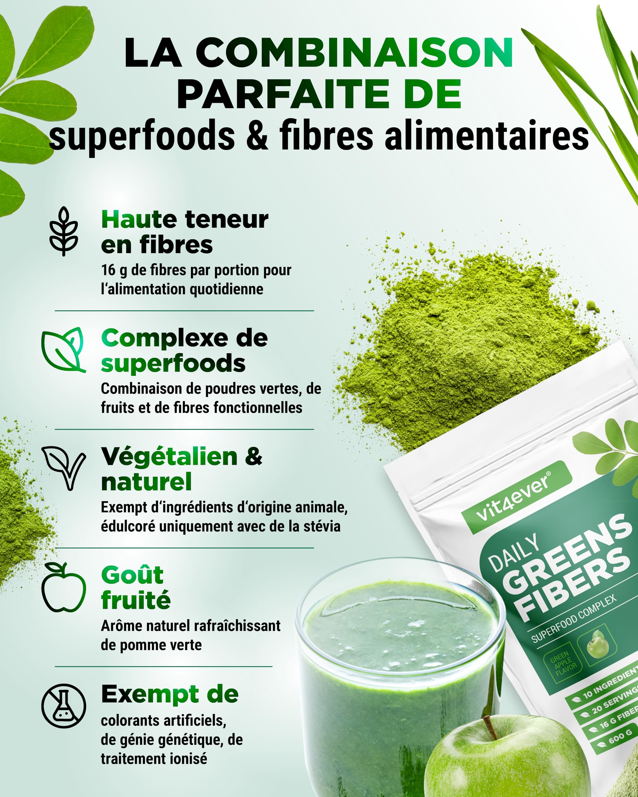 Daily Greens & Fiber Poudre - Combinaison de Fibres & Superfoods - Psyllium, Spiruline, Moringa, Herbe d'Orge, Inuline, Fibre de Pomme, Extrait de Curcuma, Fibre d'Accia, Lécithine (600g Pomme Verte)