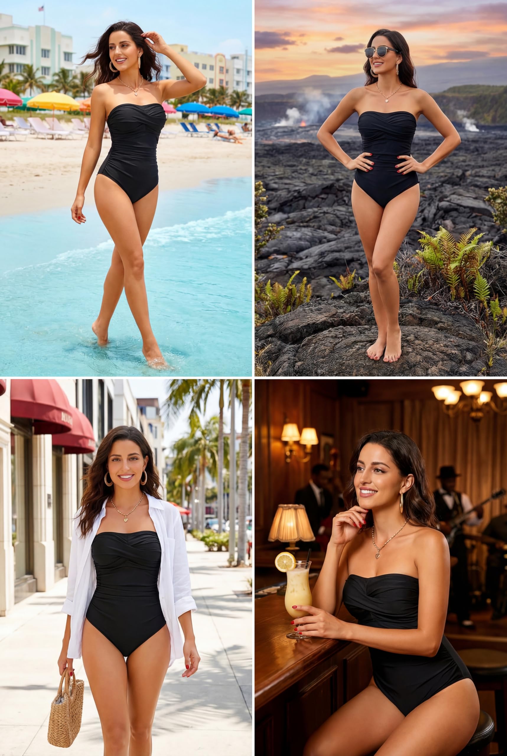Smismivo Trägerloser Einteiliger Damen Badeanzugmit Bandeau Retro Bauchweg Schwimmanzug für Damen Vintage Ruched Einteilige Bademode Swimsuit