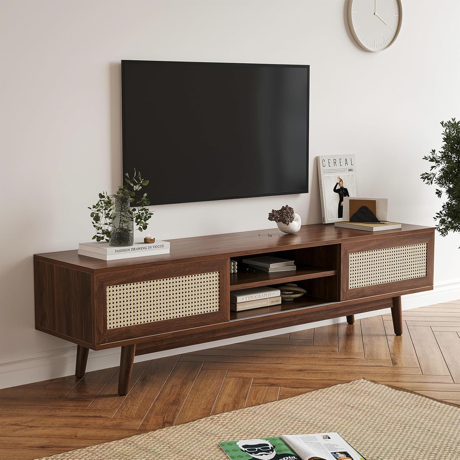 Space Galaxy Sheesham Wood TV Unit Stand for Living Room | Wooden Entertainment Console Cabinet with 2 Rattan Cane Doors & Shelf Storage | Free Standing TV Table for Home, Walnut (65x15.6x18 Inch)-image-46