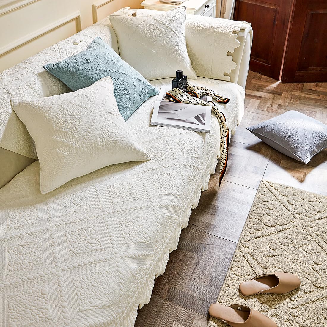 vctops Neutral Cotton Quilted Couch Sofa Cover Floral Embroidery Non-Slip Sectional Couch Covers Soft Cozy Sofa Slipcover for Dogs Cats Pet Armrest