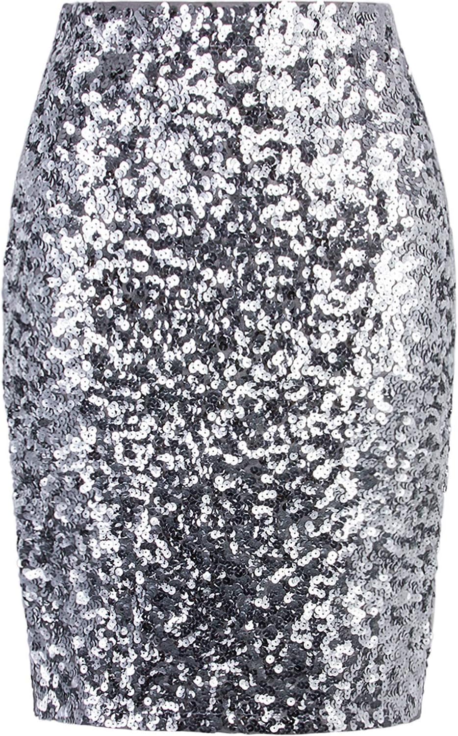 Vijiv Women's Sequin Skirt Midi High Waist Elegant Stretchy Sparkle Side Slit Pencil Skirt Party Cocktail