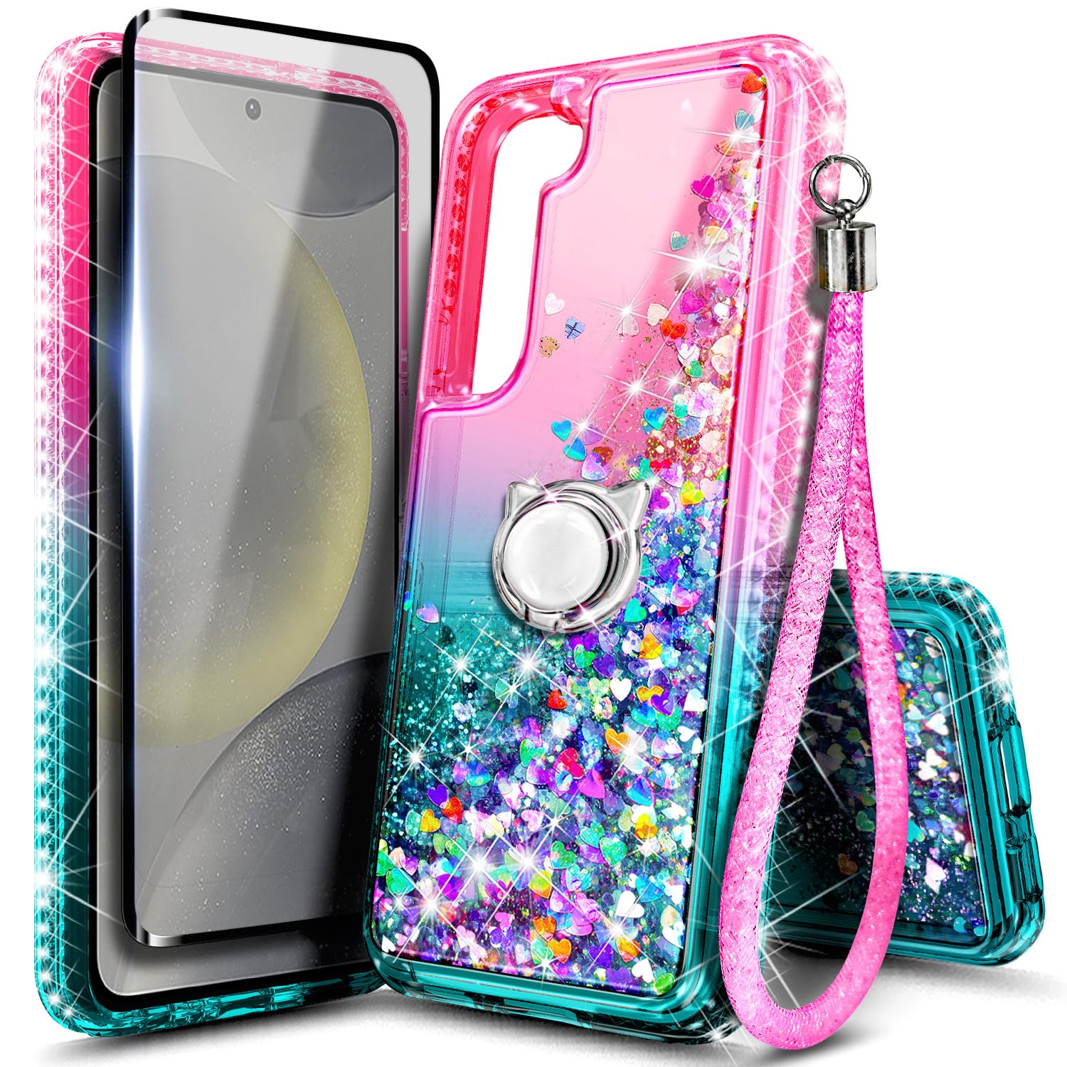 NGB Designed for Samsung Galaxy S22 Case, Pink/Aqua | Glitter Liquid Sparkle Cute Cover for Women Girls Kids | with Screen Protector & Ring Holder &
