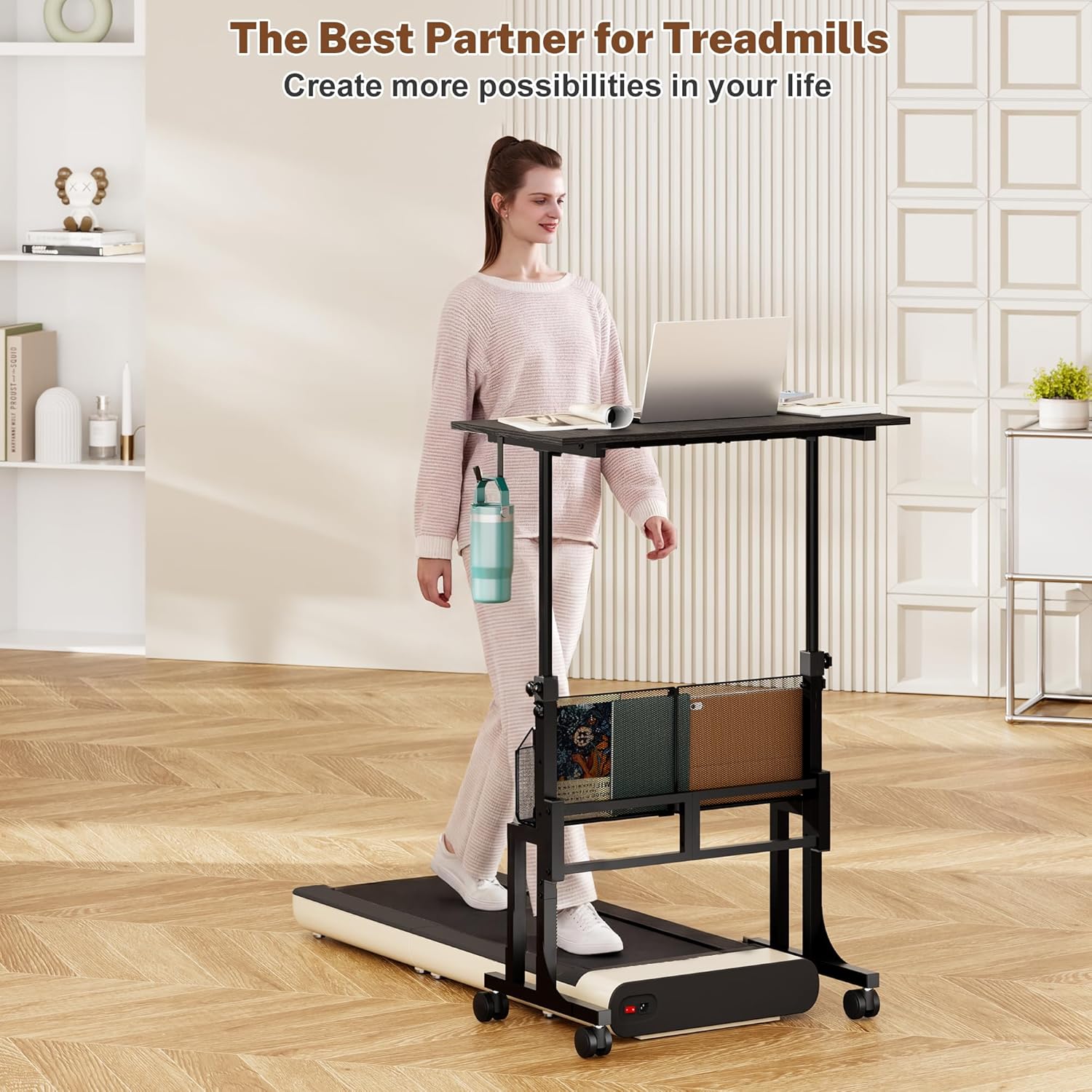 Height Adjustable Standing Desk With Storage, Small Stand Up Desk With wheels, Portable Rolling Desk for Home Office, Mobile Sit Stand Desk for Small Spaces, For Walking Pad Treadmill, Black