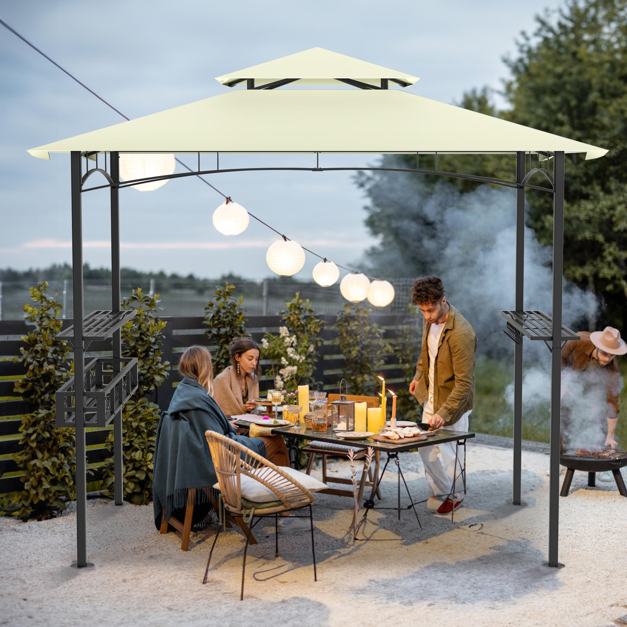HENGMEI Grill Pavillon 2.45 x 1.53m, Grillpavillon Partyzelt Doppelstöckige Schutzabdeckung, Grillzelt Gartenpavillon Pergola mit Regalen und Ablagekörben für Party, Marktstand, Picknick (Beige)