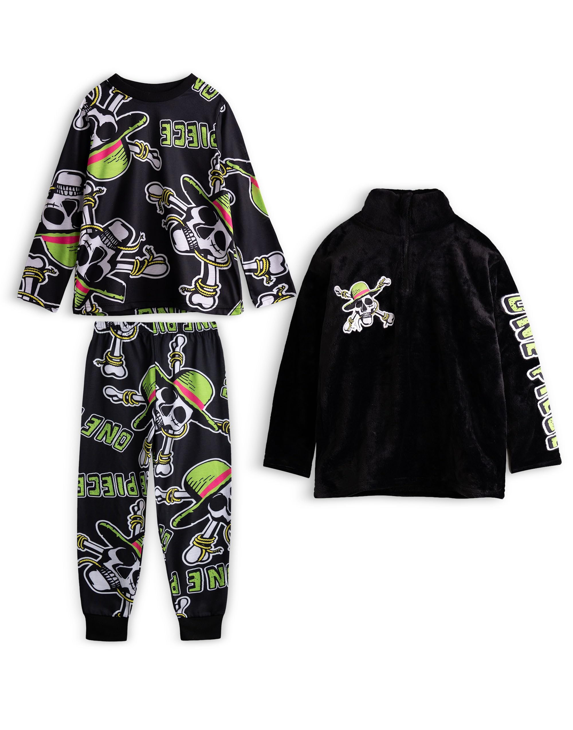 One Piece Set Pigiama da Bambino di 3 Pezzi Jolly Roger con Maglione in Pile a Mezza Zip | Abbigliamento da casa a Maniche Lunghe Nero per Bambini, Merchandising Anime/Manga Luffy