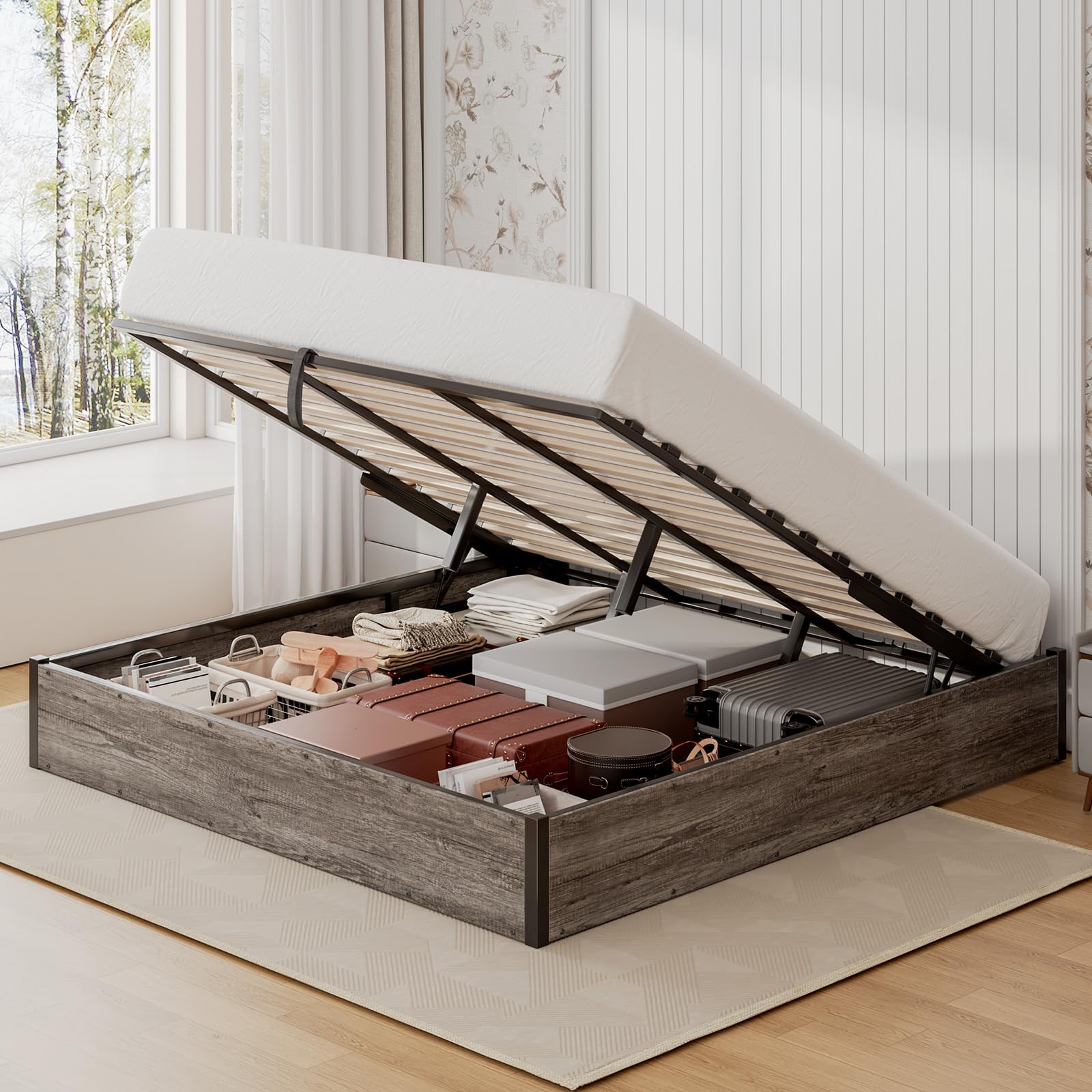 YUMPIE Lift Up Storage Bed Frame, King Size Wooden Platform Bed with Large Storage Underneath, No Box Spring Needed, Noise Free, Rustic Grey