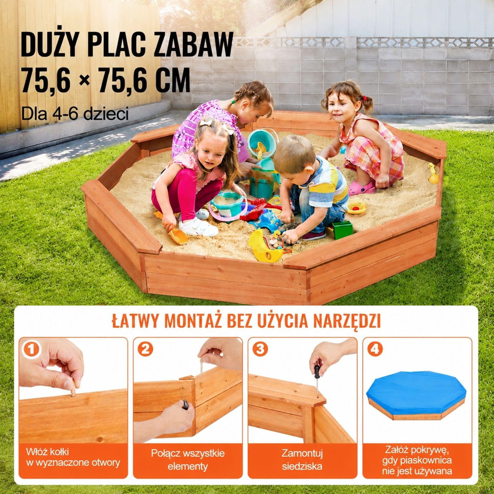 Drewniana piaskownica z pokrywą, ośmiokątna piaskownica, piaskownica z 4 siedziskami i wykładziną podłogową, piaskownica dla dzieci do ogrodu, prezent dla chłopców i dziewczynek w wieku 3-12 lat