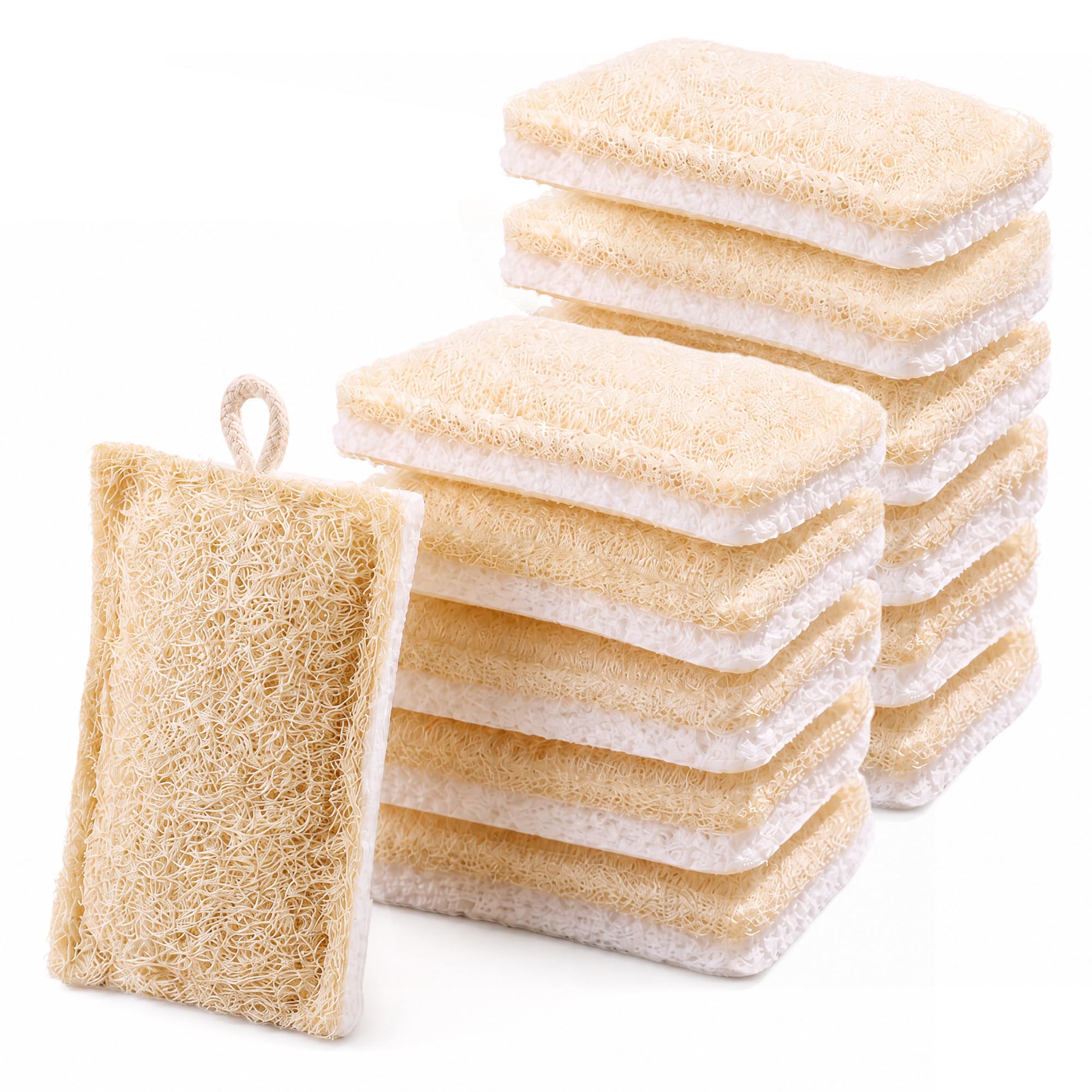 JOYMOOP Compressed Cellulose &amp; Loofah Scrubbers, Non-Scratch Scrub Sponge, Kitchen Sponges for Dishes, 12-Pack, Dual-Sided Dish Sponge for Nonstick Cookware &amp; All Surfaces
