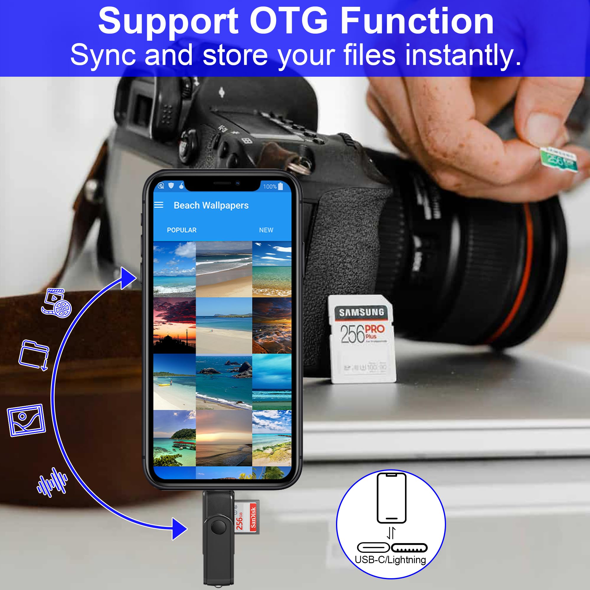 Lettore di Schede SD, USB C e Lightning Card Reader per iPhone 16/15/iPad/Apple/Android, Lettore Schede per Micro SD/SD/TF/microSDHC/microSDXC/SD/SDHC/SHXC/MMC(Leggere 2 carte contemporaneamente)